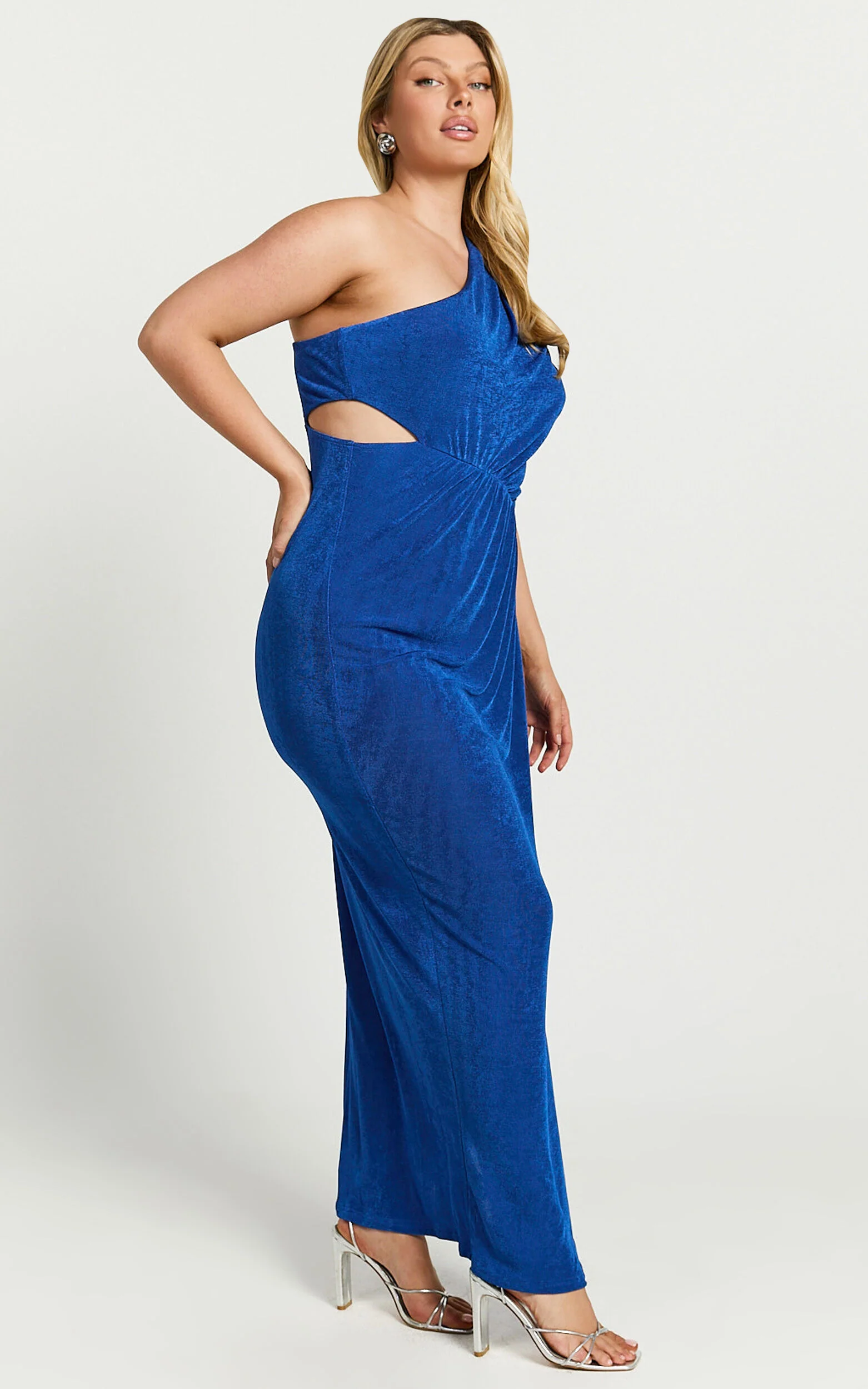 Cristle Midi Dress - One Shoulder Side Cut Out Thigh Split Dress in Cobalt
