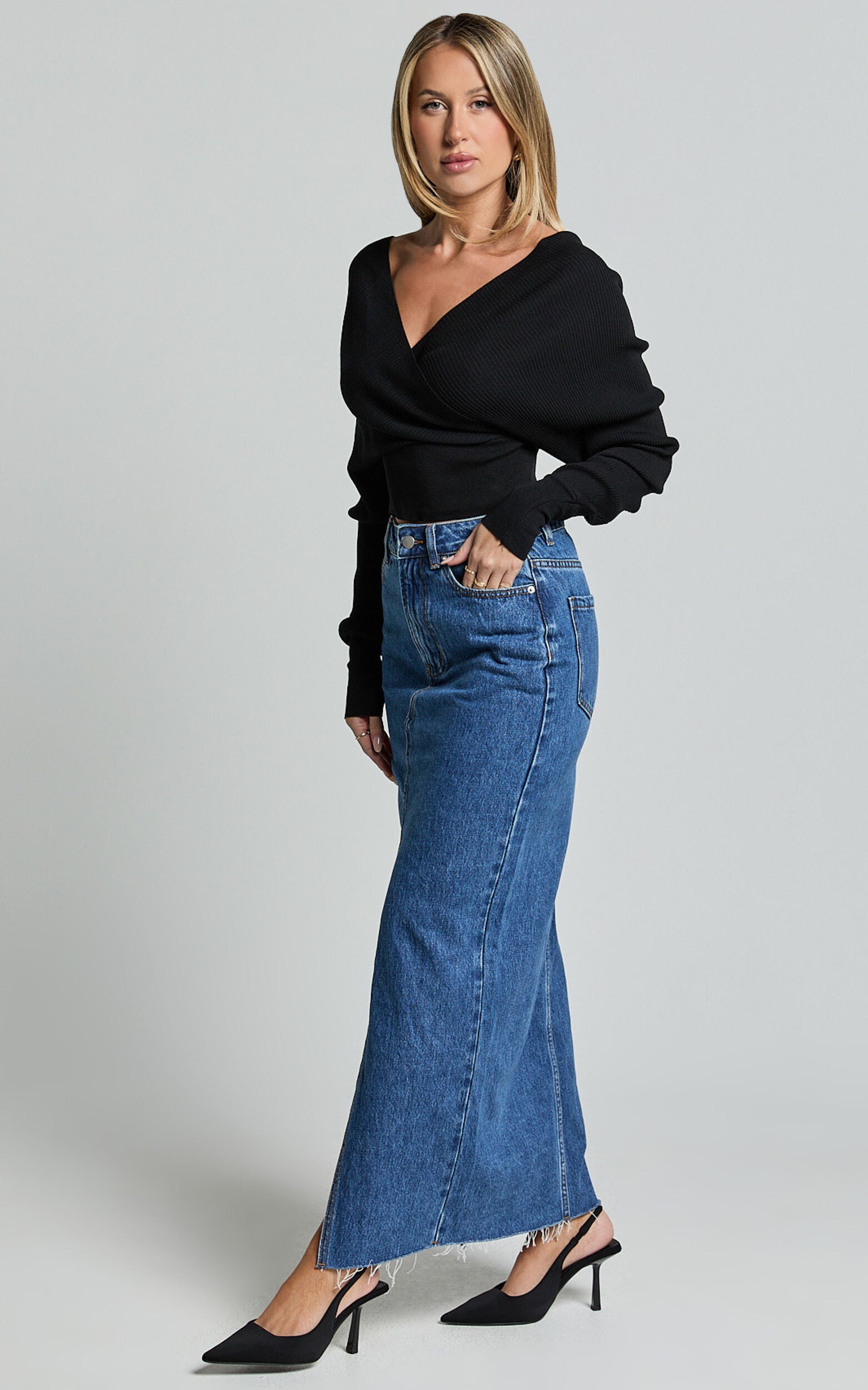 Kira Midi Skirt - Front Split Denim Skirt in Dark Blue Wash
