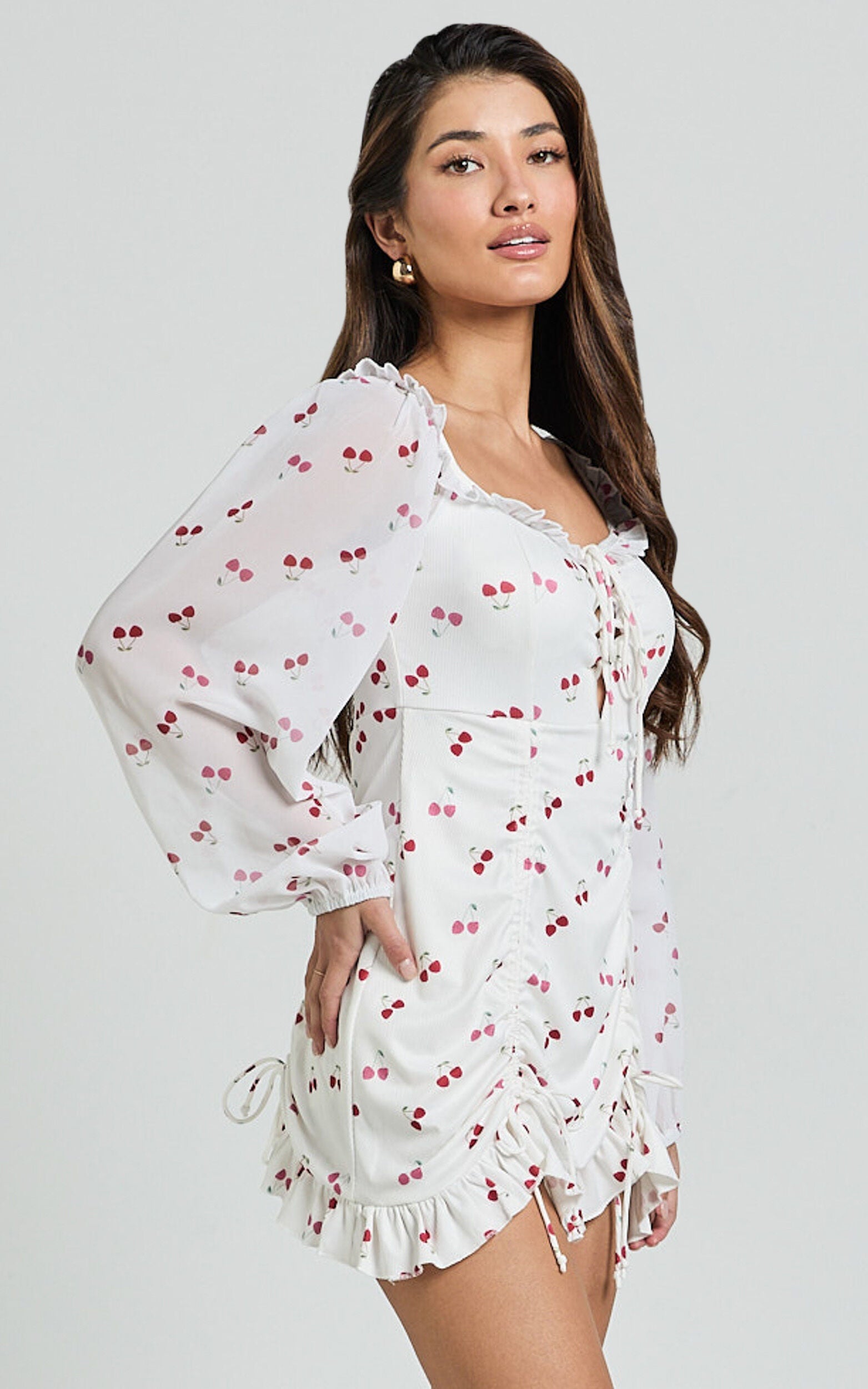 Francia Mini Dress - Long Sleeve Gathered Frill Hem Detail Dress in Cherry Print