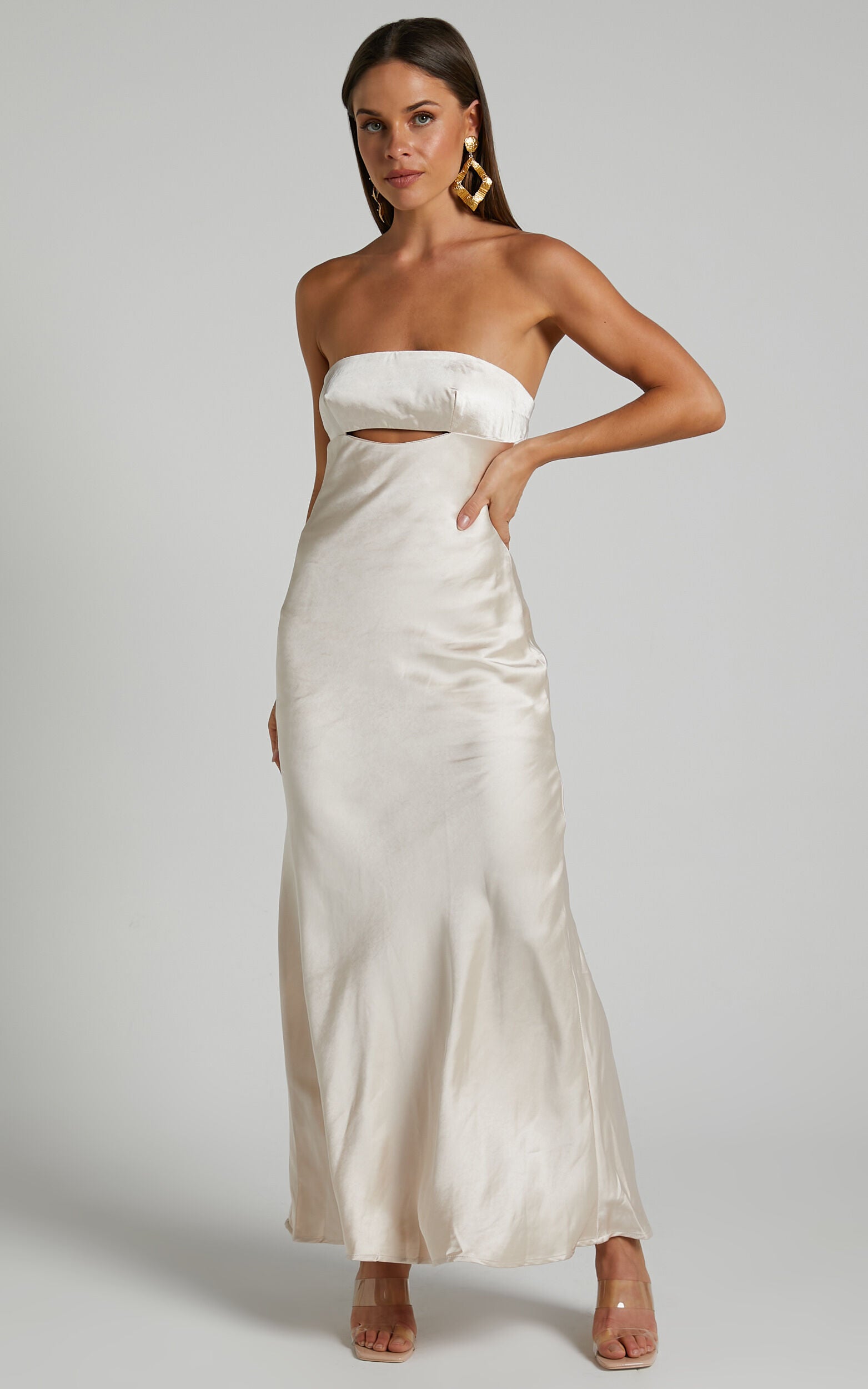Kira Midi Dress - Strapless Cut Out Satin Dress in Champagne