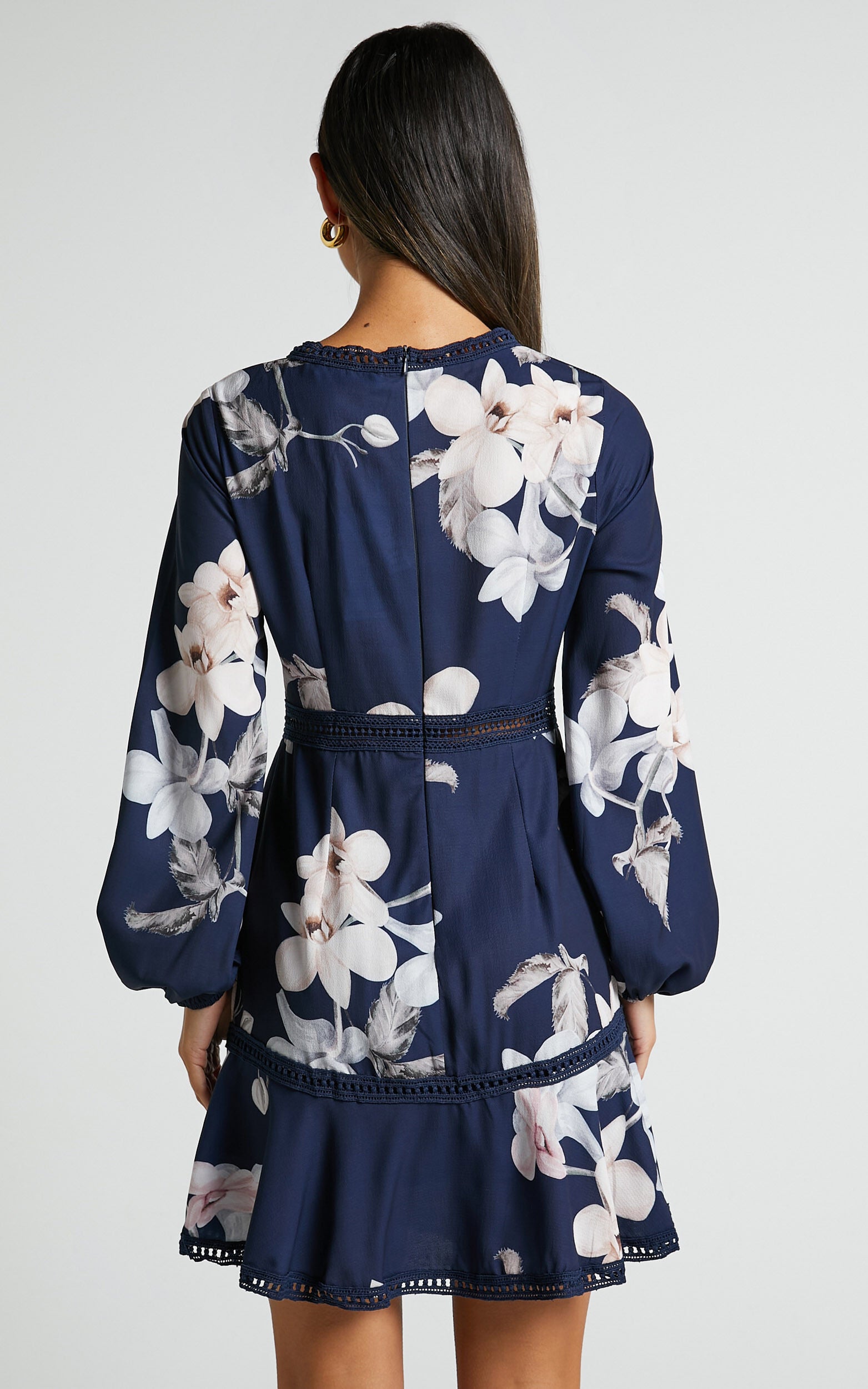 Not Missing Out Mini Dress - Long Puff Sleeve Dress in Navy Floral