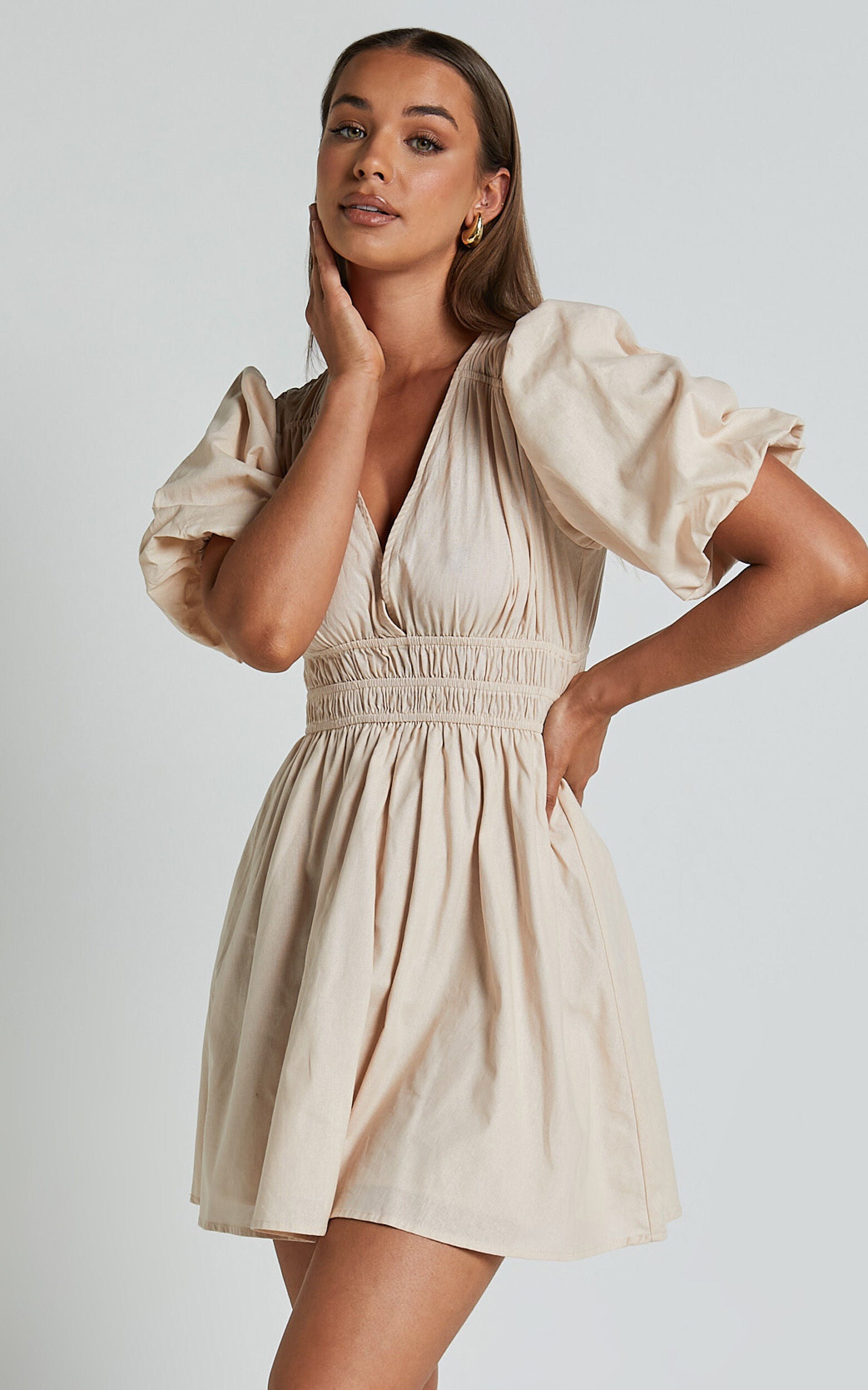 Francesca V Neck Puff Sleeves Mini Dress in Natural