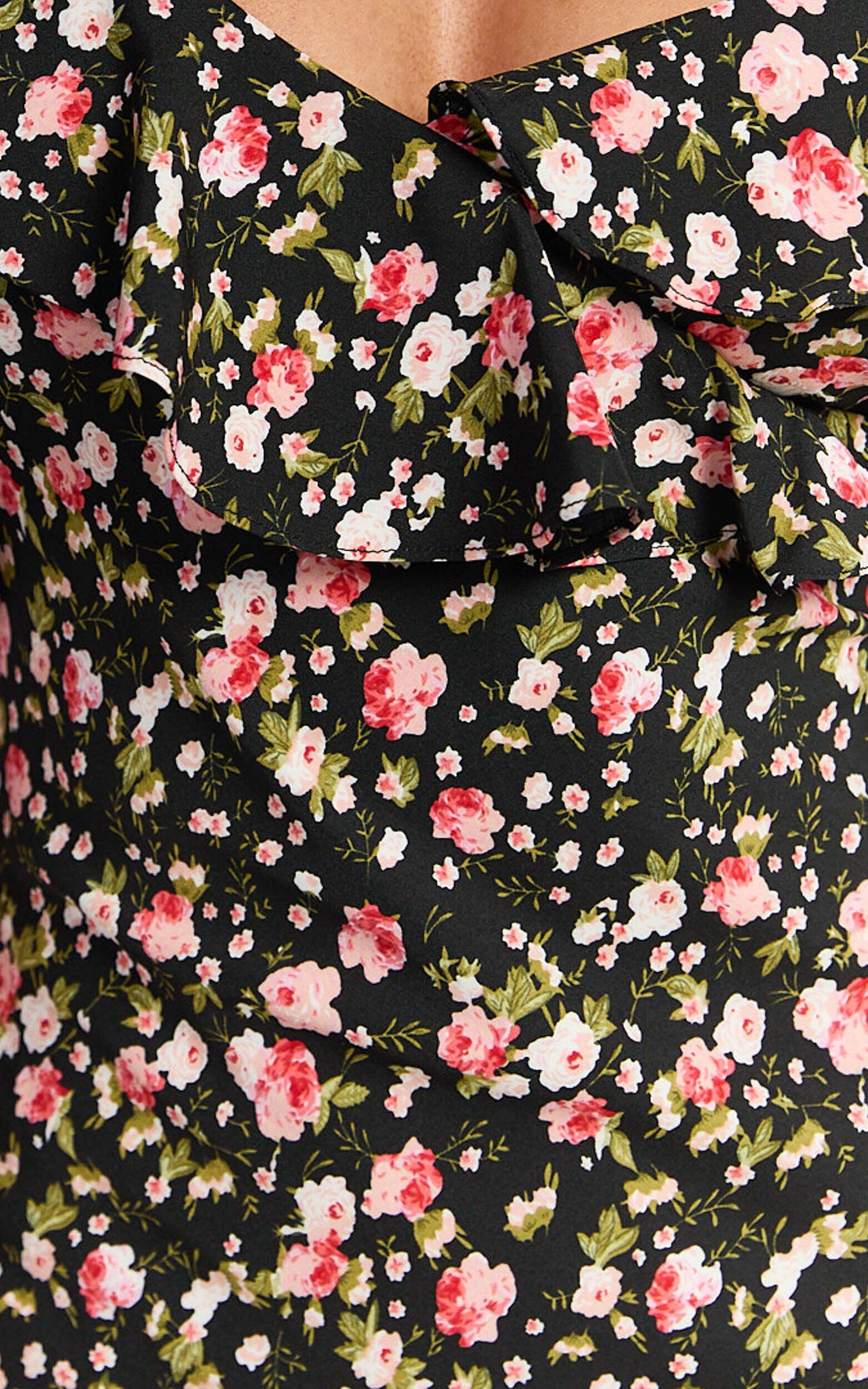 Giulia Midi Dress - One Shoulder Frill Detail Dress in Black Floral