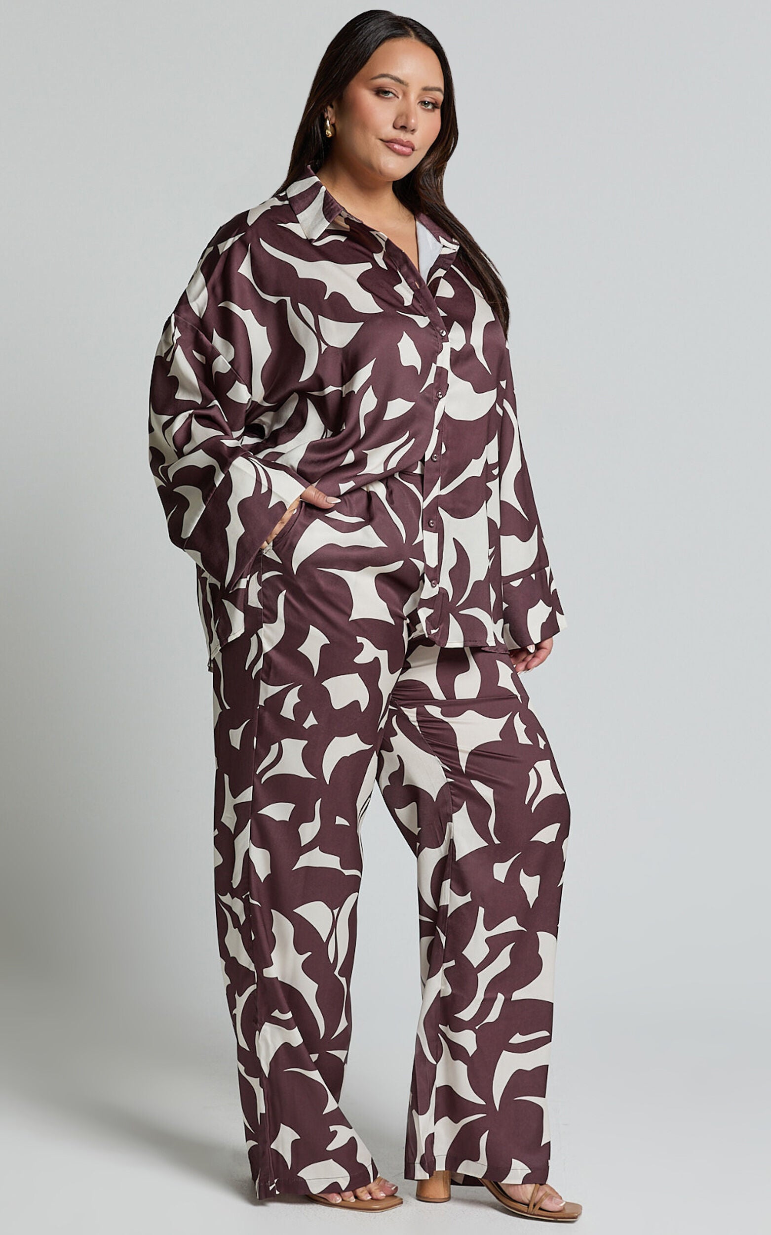 Janissa Pants - High Waisted Wide Leg Pants in Brown Floral