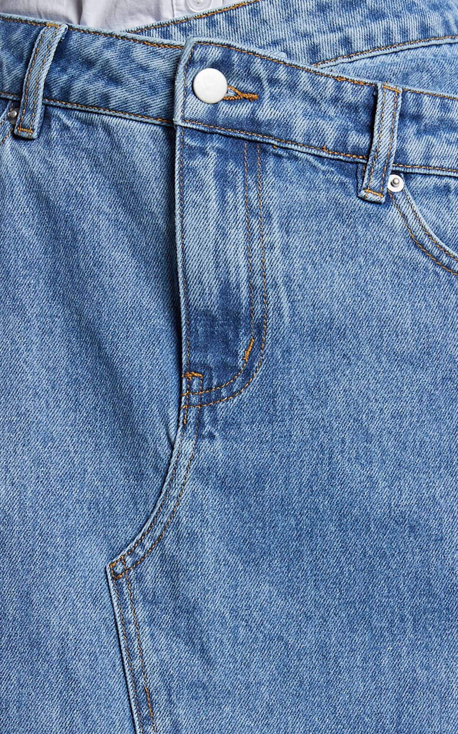 Evelyn Maxi Skirt - High Asymmetrical Waist Frayed Hem Denim Skirt in Mid Blue Wash