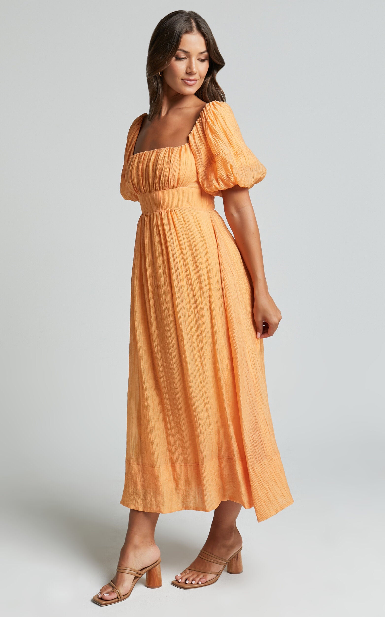 Roshina Midi Dress - Straight Neck Puff Sleeve Dress in Orange