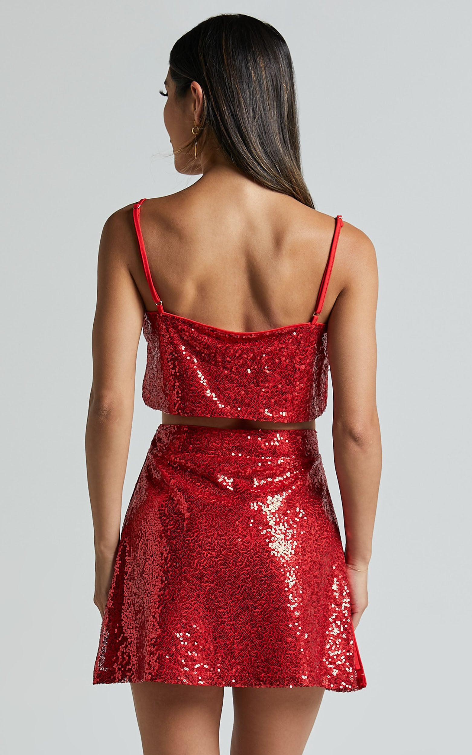 Elswyth Mini Skirt - Side Split Sequin Skirt in Red