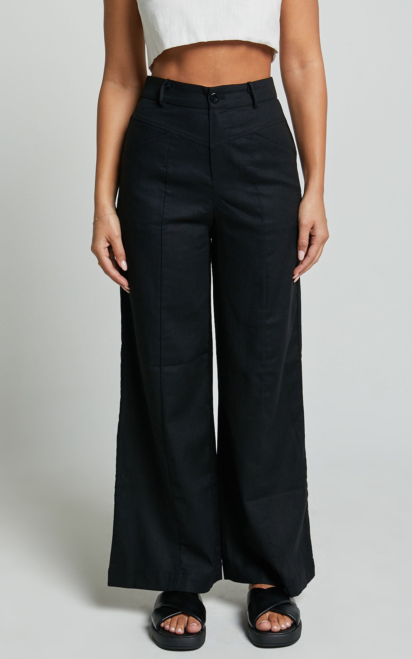 Skye Pants - Linen High Waisted Seam Detail Pants in Black
