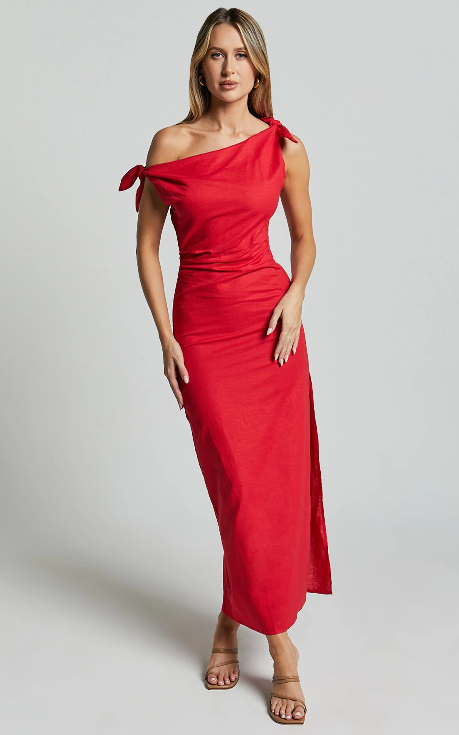 Cincinnati Midi Dress - Off The Shoulder Side Split Column Linen Dress in Red