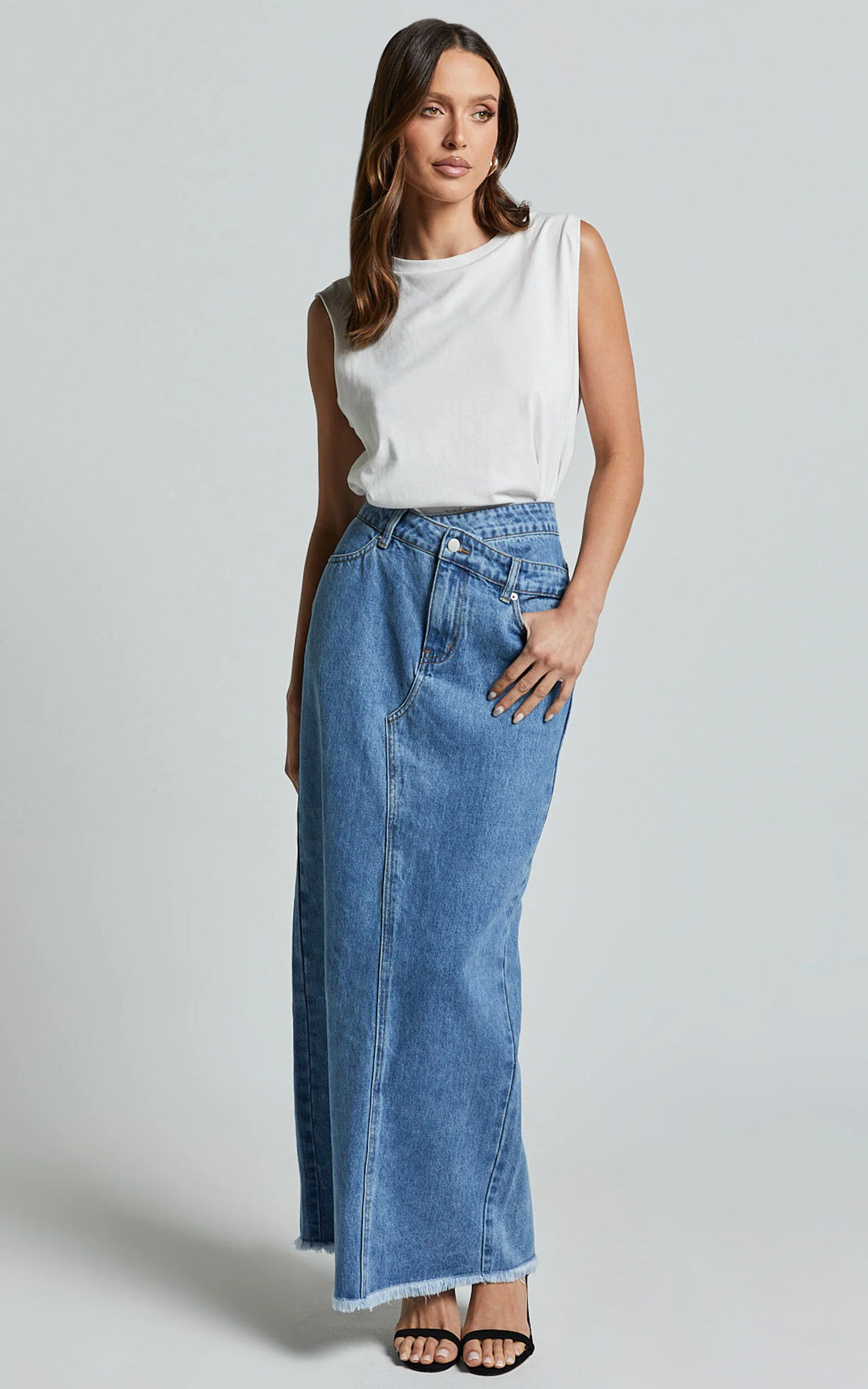 Evelyn Maxi Skirt - High Asymmetrical Waist Frayed Hem Denim Skirt in Mid Blue Wash