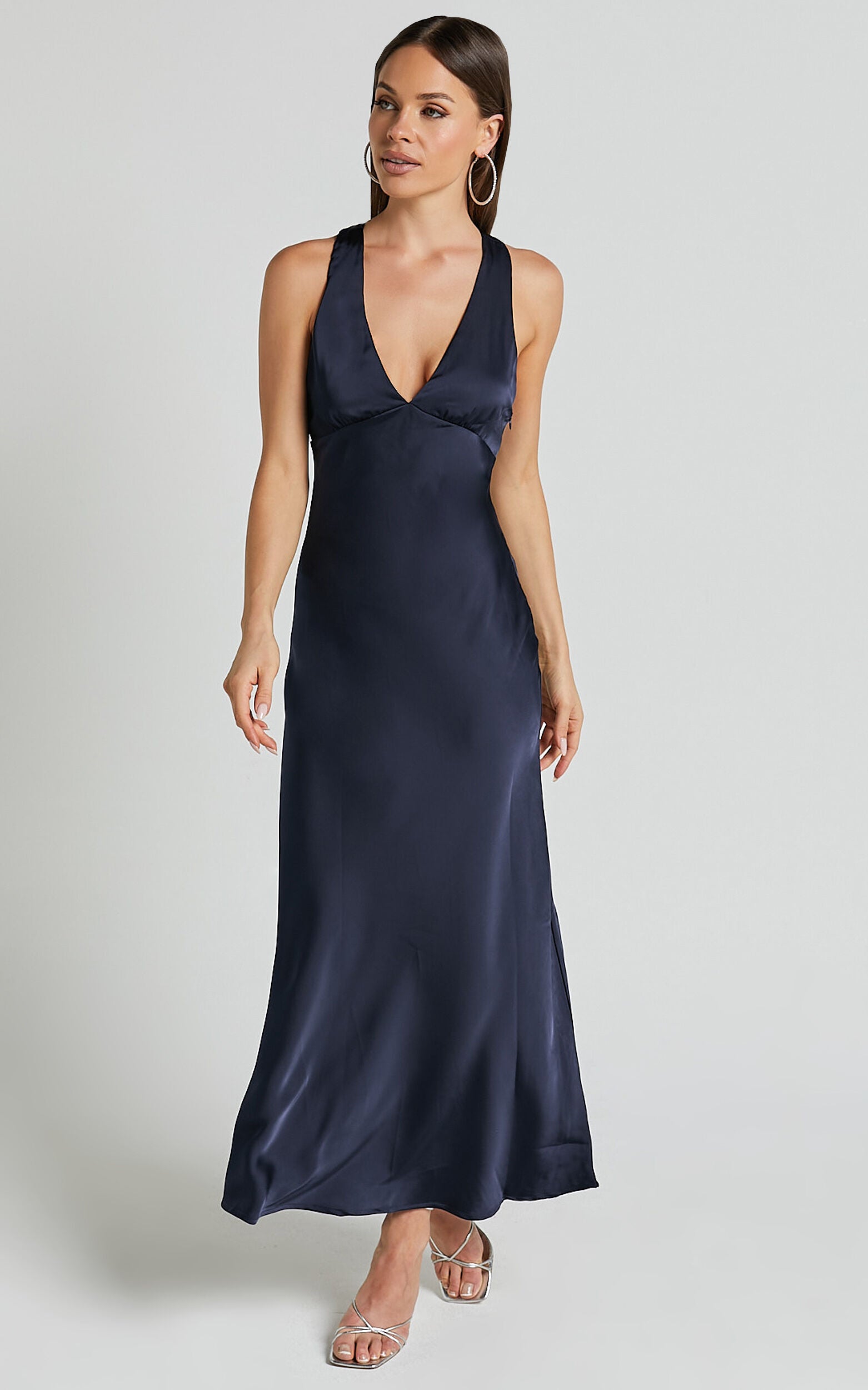Khalani Midi Dress - Deep V Neck Satin Slip Dress in Navy