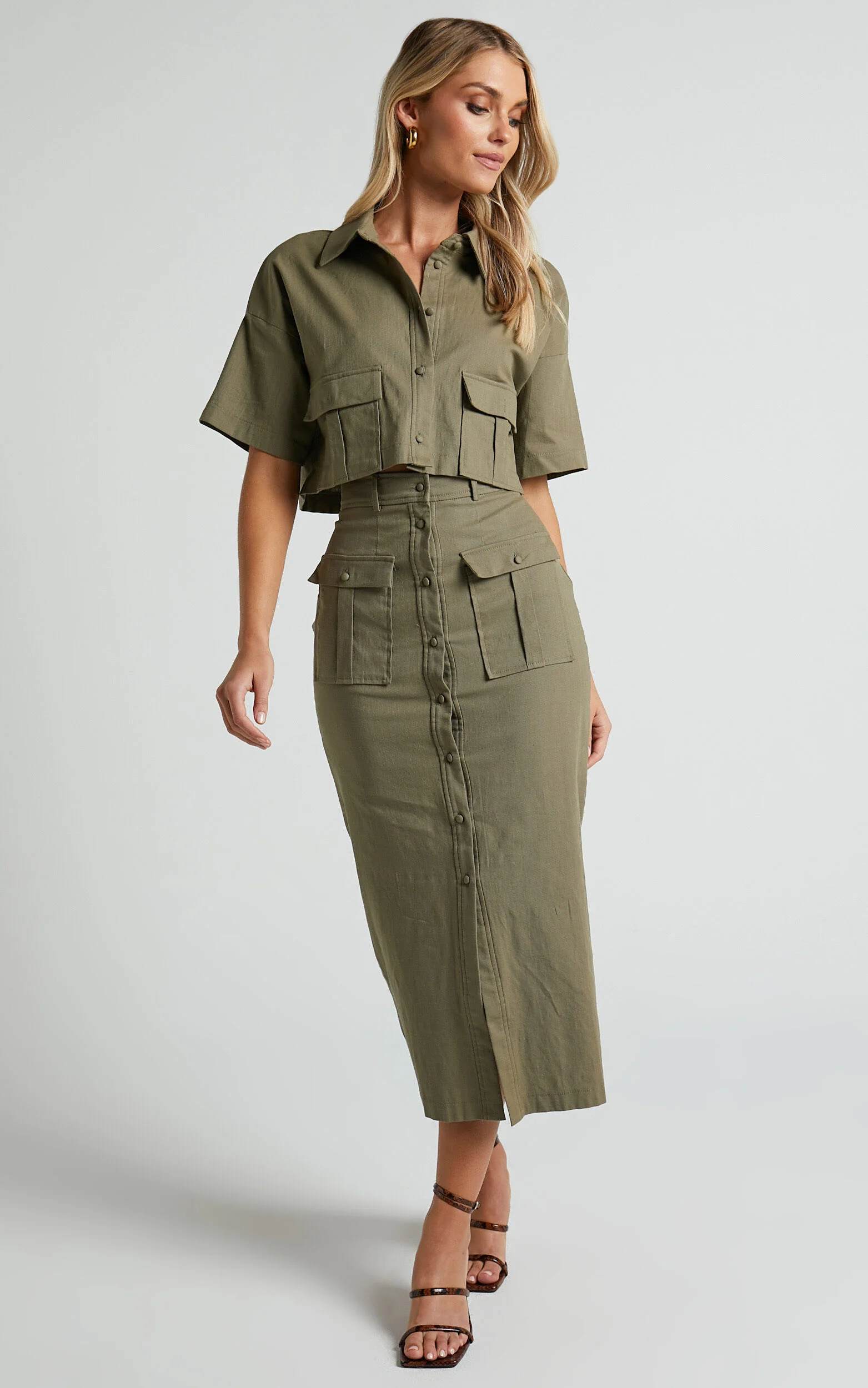 Davina Two Piece Set - Button Front Top and Midi Skirt Set in Khaki