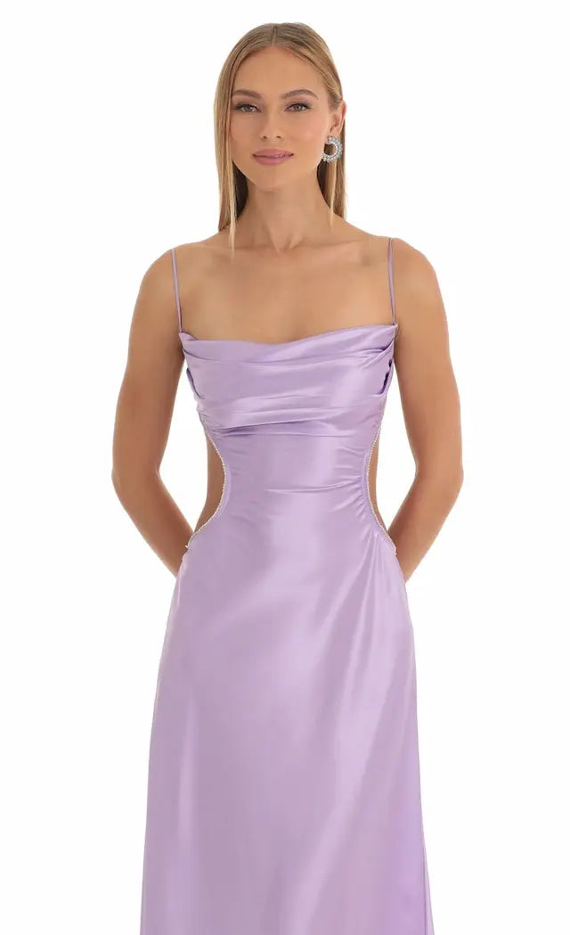 Satin Rhinestone Maxi Dress in Purple