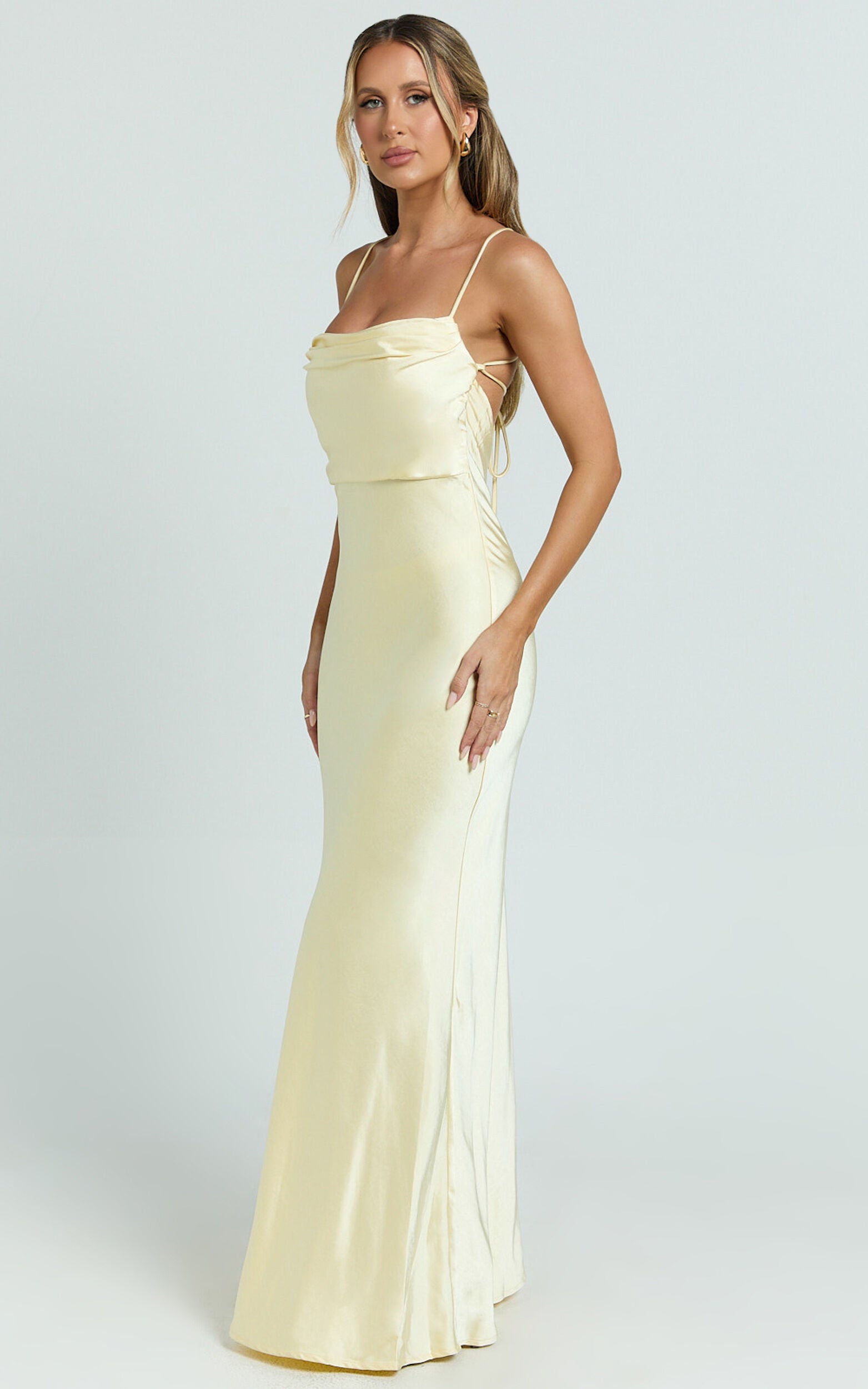 Hanna Maxi Dress - Satin Cowl Neck Low Back Dress in Lemon