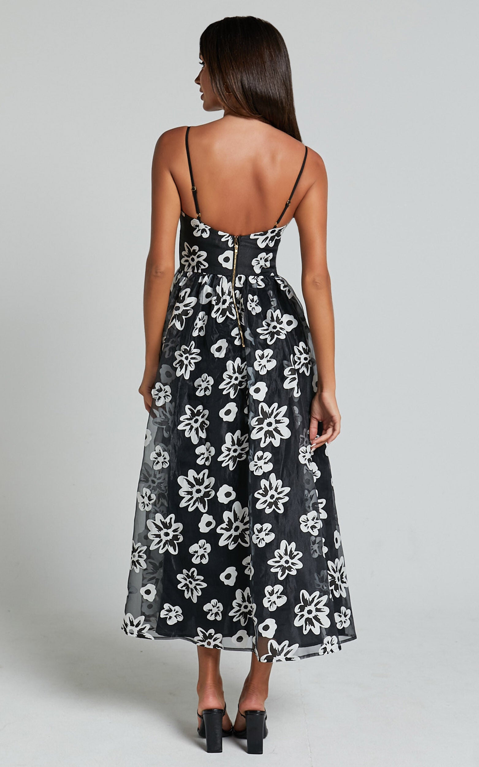 Nikky Midi Dress - Organza Full Skirt Dress in Black Floral