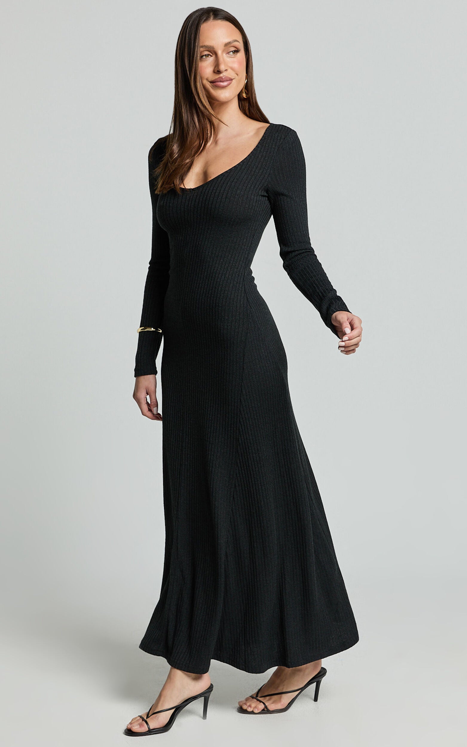 Lydia Midi Dress - V Neck Long Sleeve Knitted Dress in Black