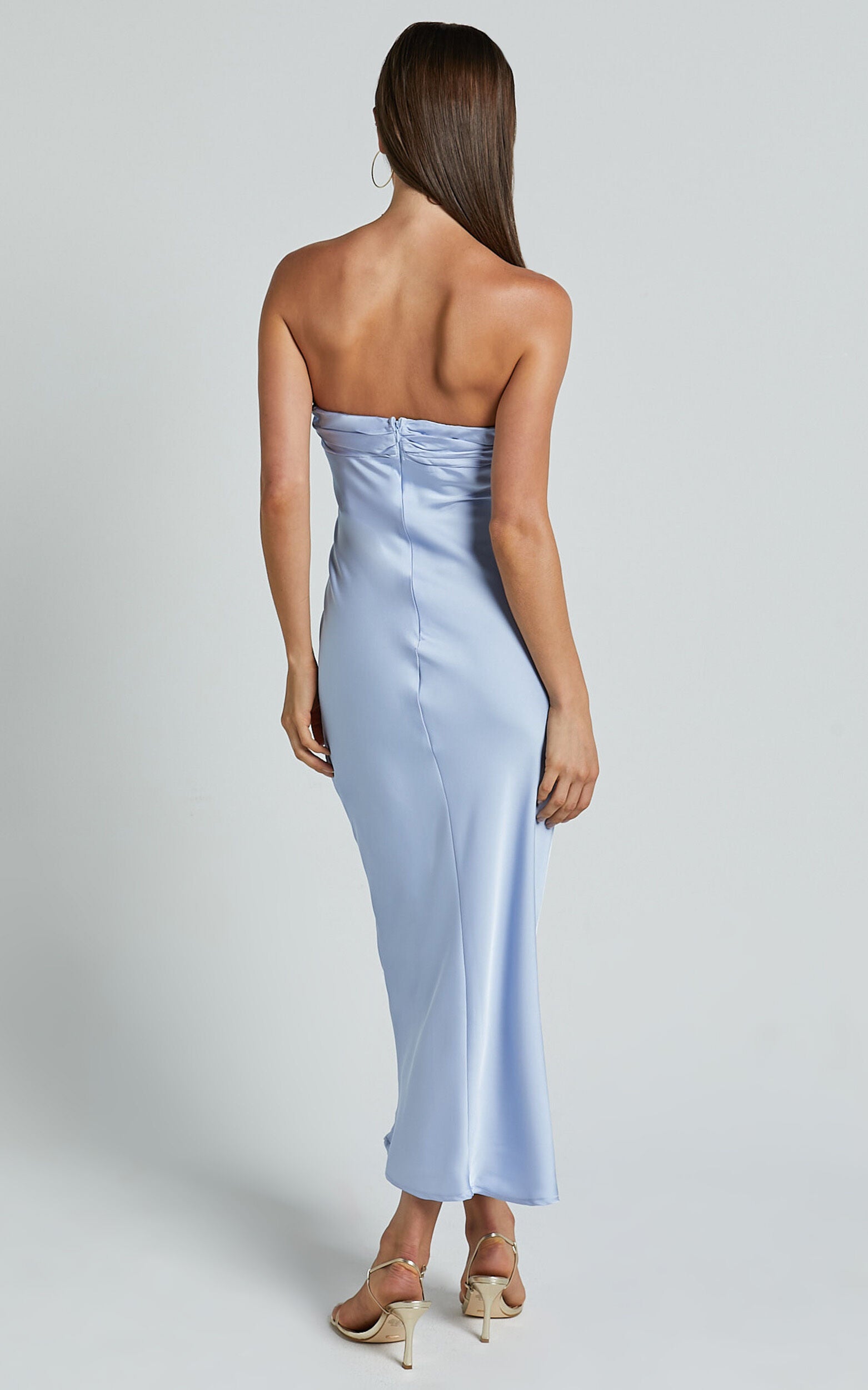 Margot Midi Dress - Gathered Bust Detail Strapless Satin Bias Cut Dress in Light Blue