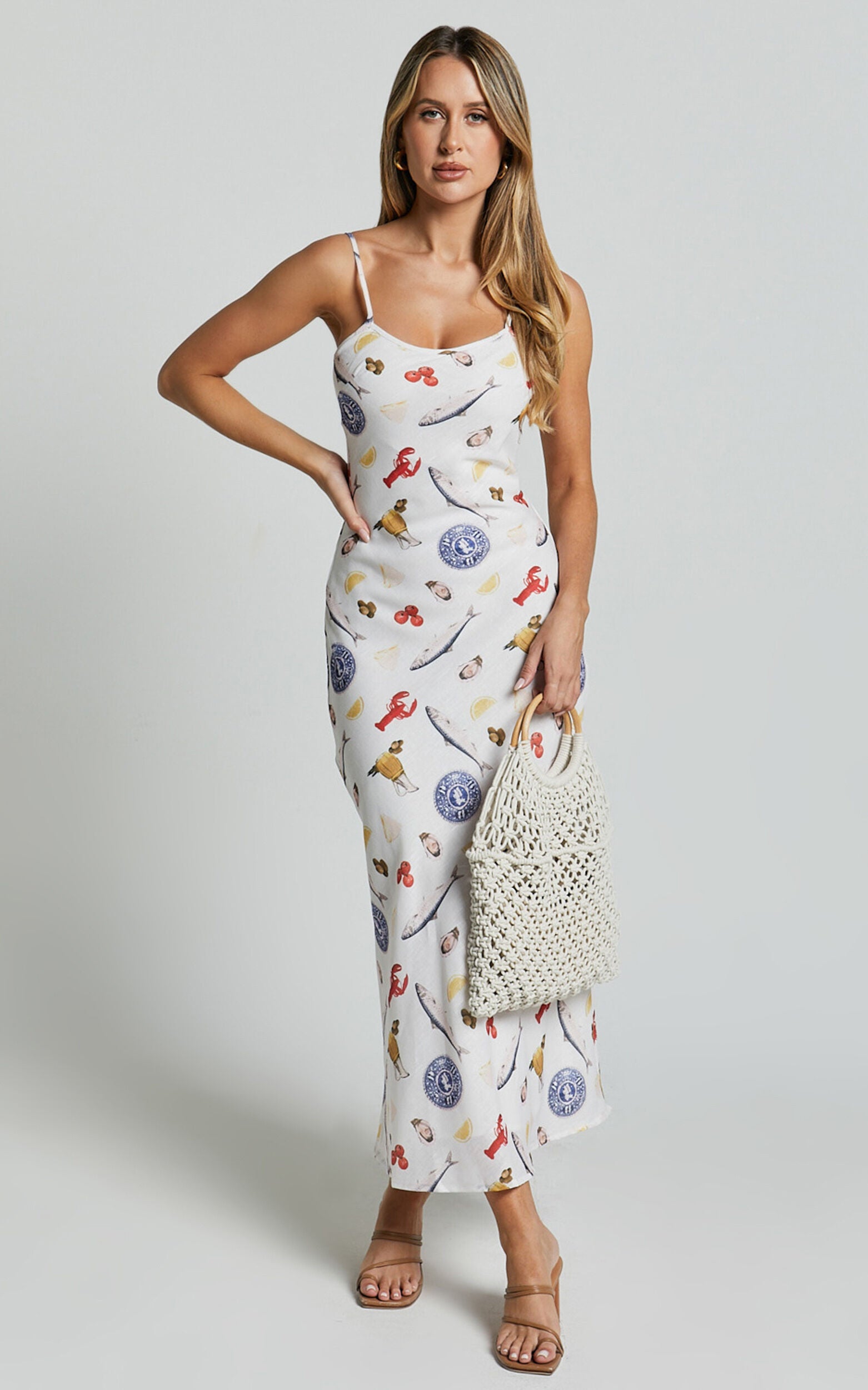 Jamilla Midi Dress - Bias Cut Linen Midi Slip Dress in Seaside Print