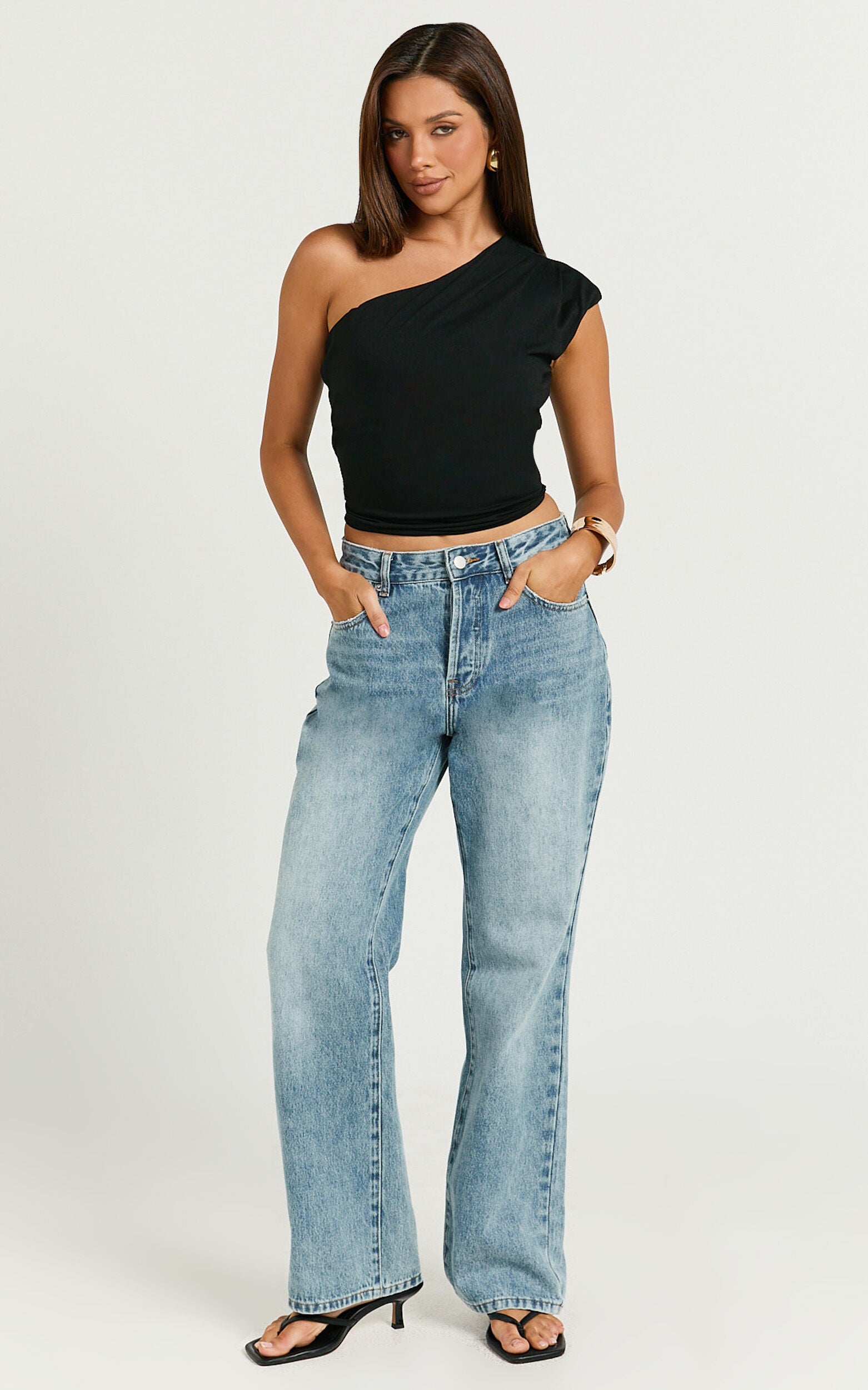 Renner Top - Gathered Extended One Shoulder Top in Black