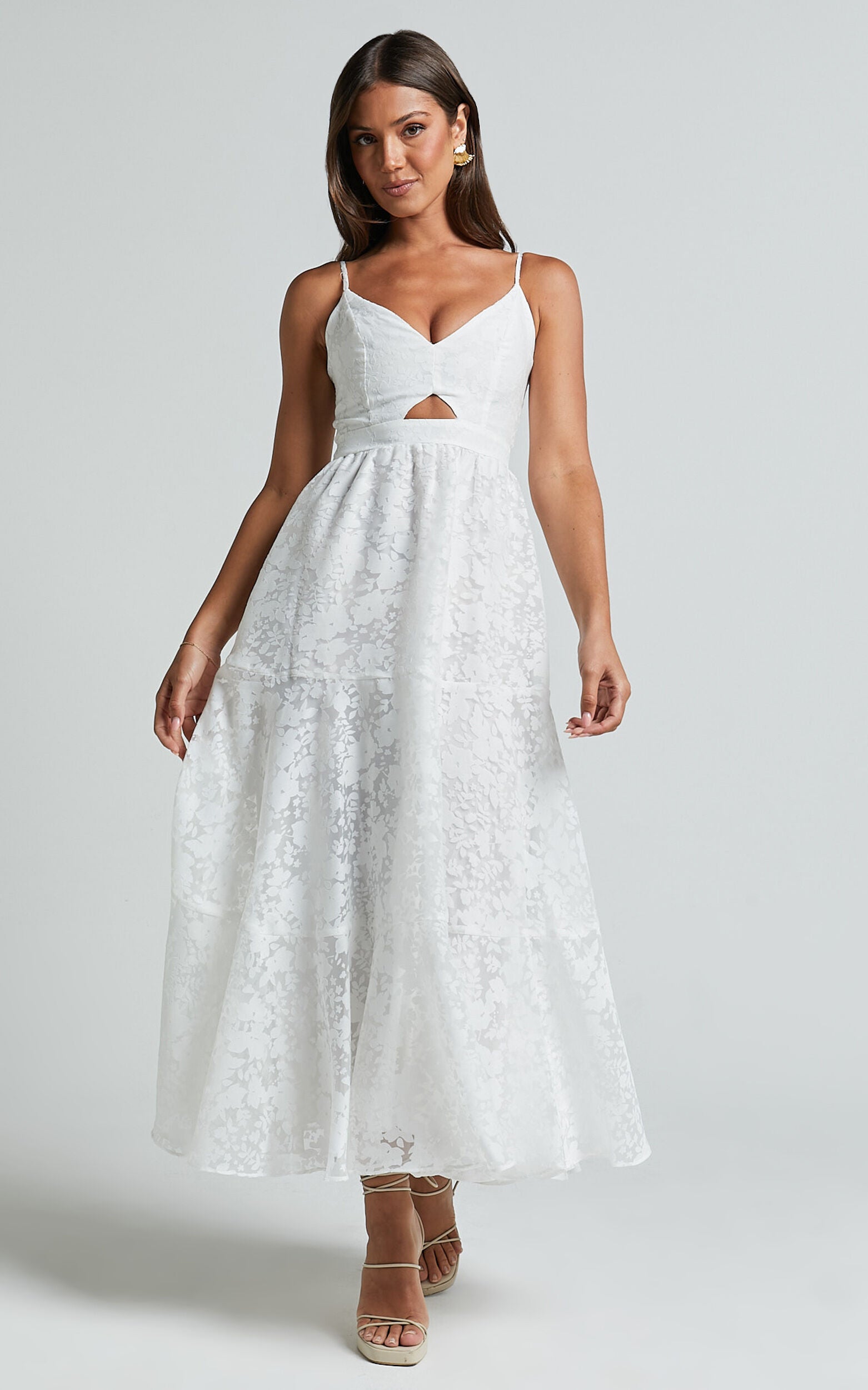 Jorie Midi Dress - Strappy Front Cut Out Tiered Skirt in White