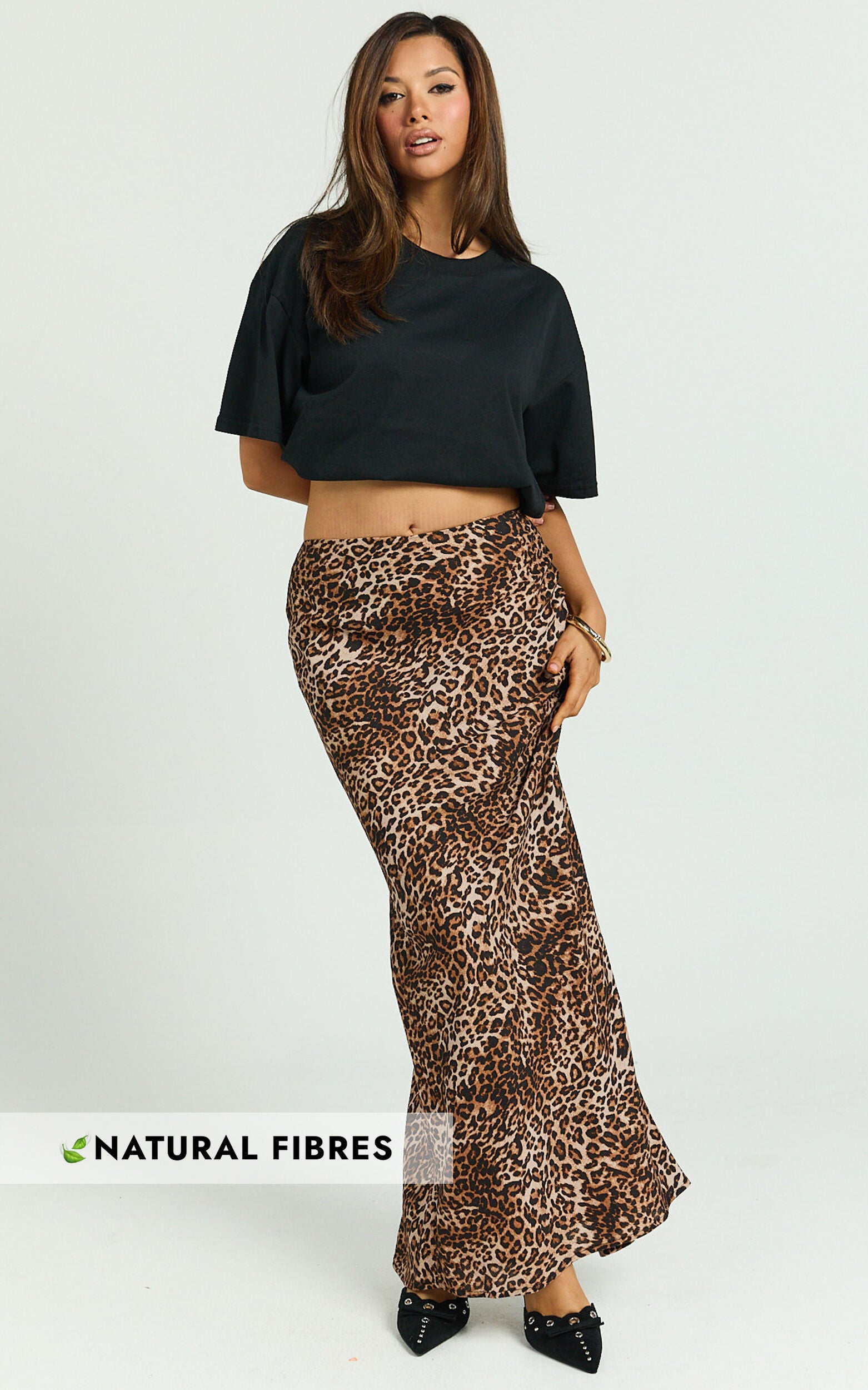 Jacqui Maxi Linen Skirt - Bias Cut Back Split Skirt in Tonal Leopard Print