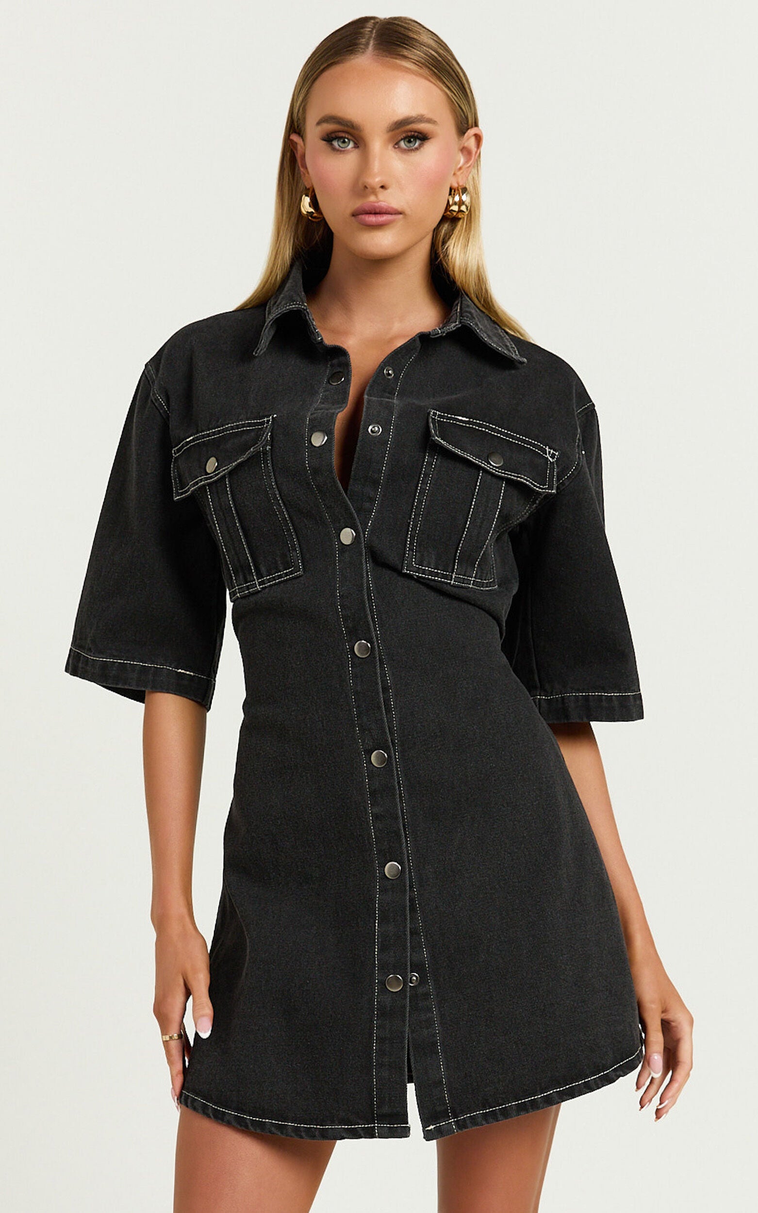 Leilani Mini Dress - Denim Short Sleeve Button Up Dress in Washed Black