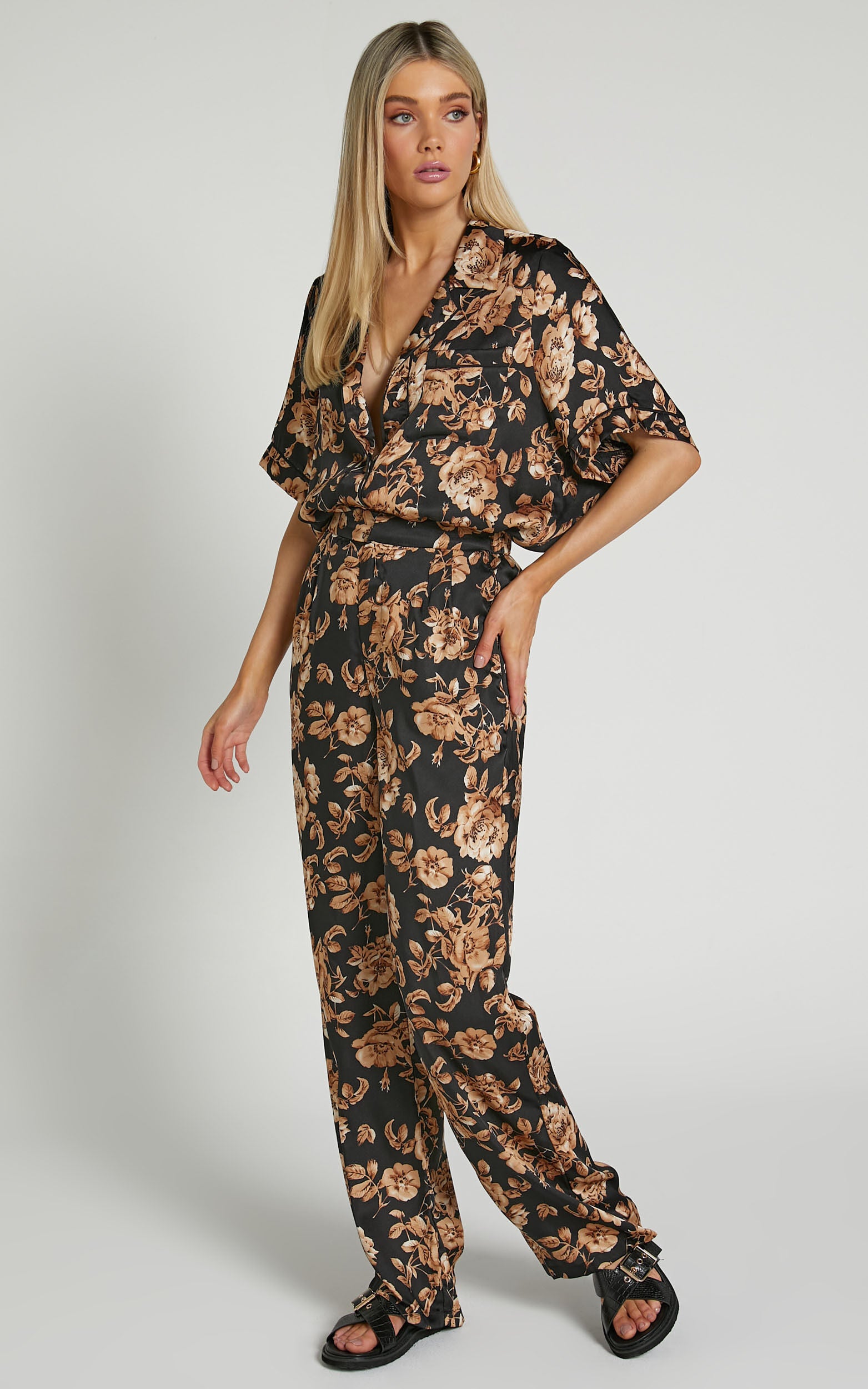 Laila Pants - High Waisted Wide Leg Pants in Black Floral