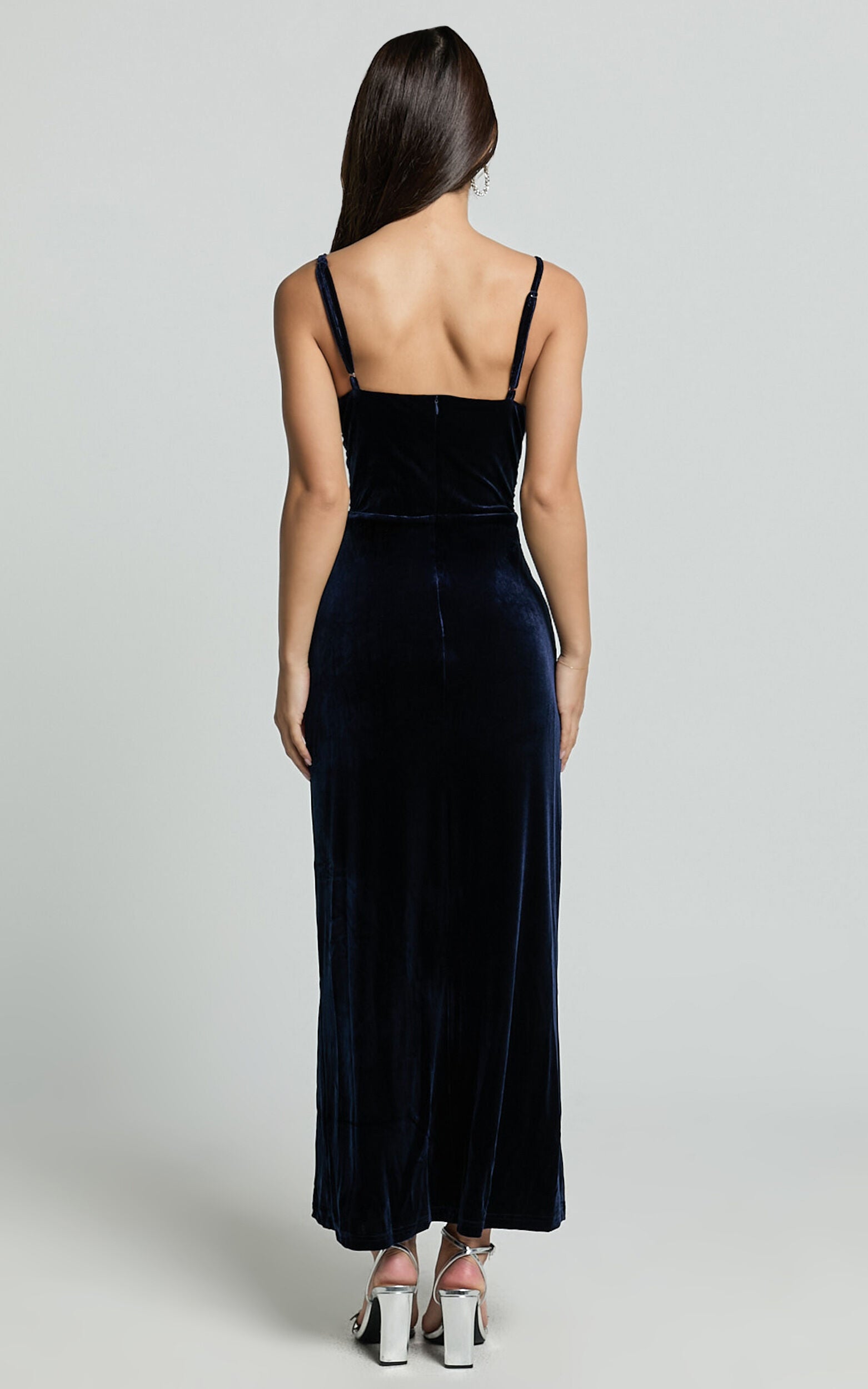 Rebecca Midi Dress - Front Twist Thigh Split Velvet Dress in Navy