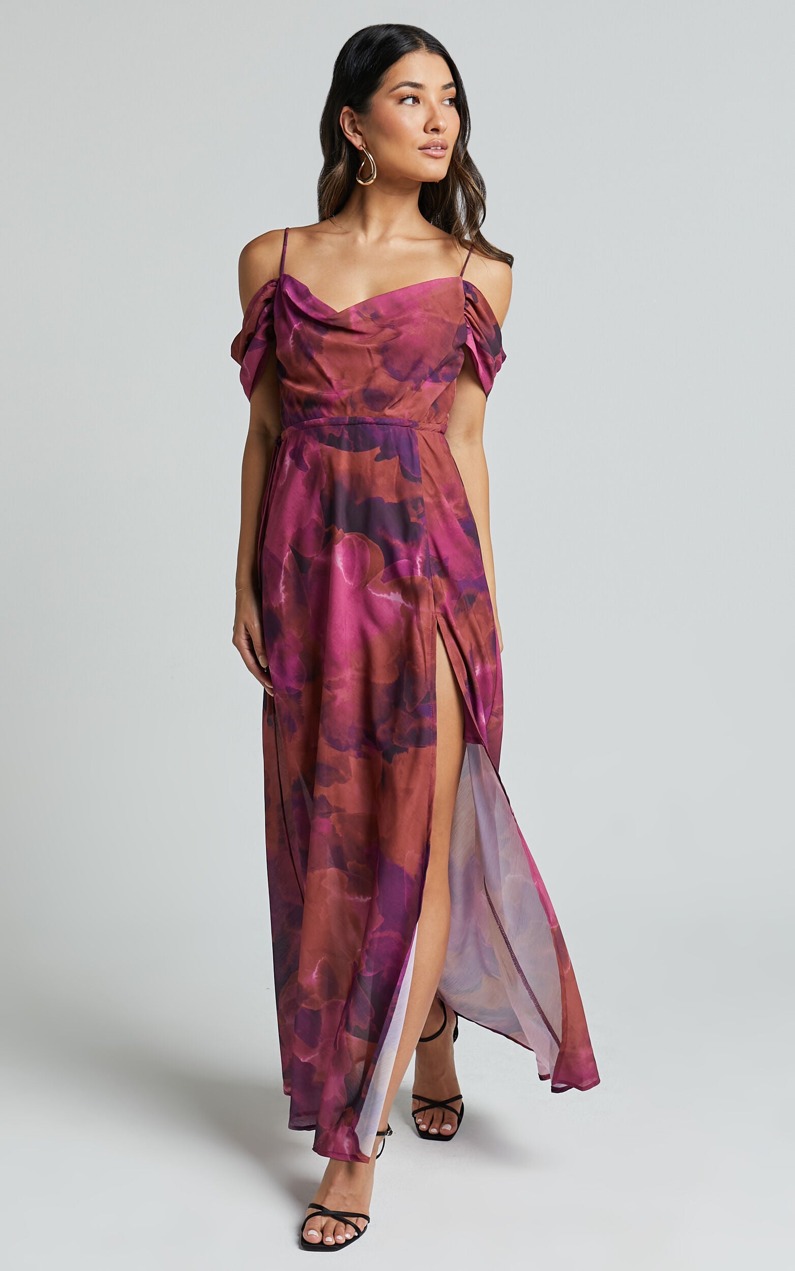 Keira Midi Dress - Draped Off the Shoulder Dress in Electric Cloud - Purple