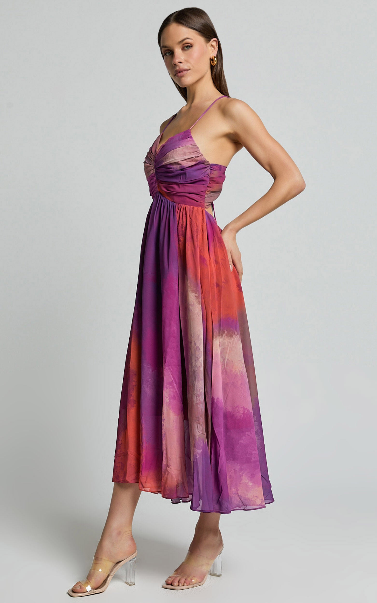 Josephine Midi Dress - Recycled Polyester Strappy Cross Tie Back Dress in Coral Mirage Print