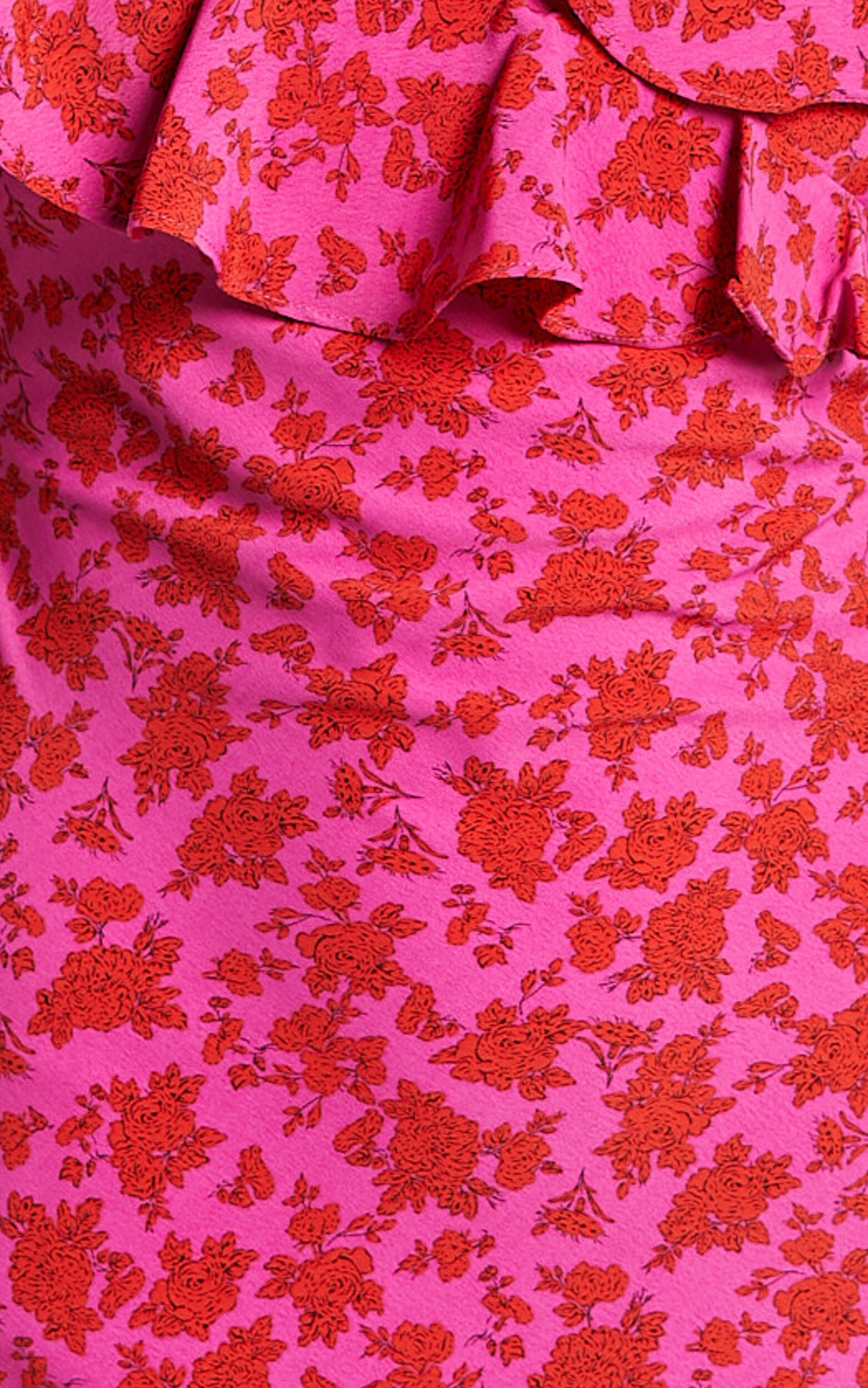 Giulia Midi Dress - One Shoulder Frill Detail Dress in Pink Floral