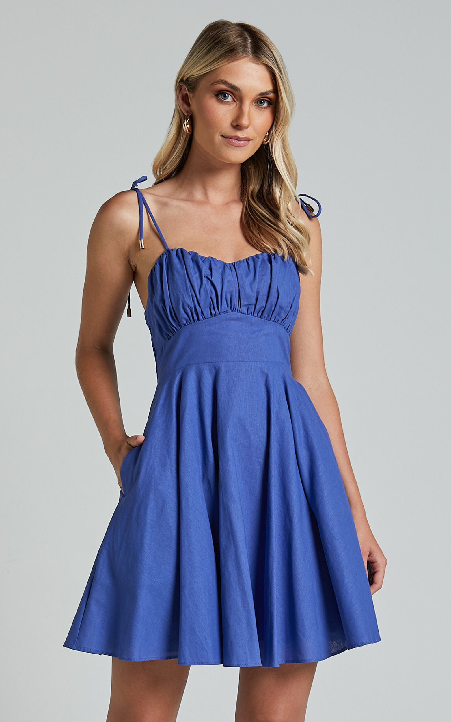 Leuven Mini Dress - Linen Look Empire Waist Dress in Blue