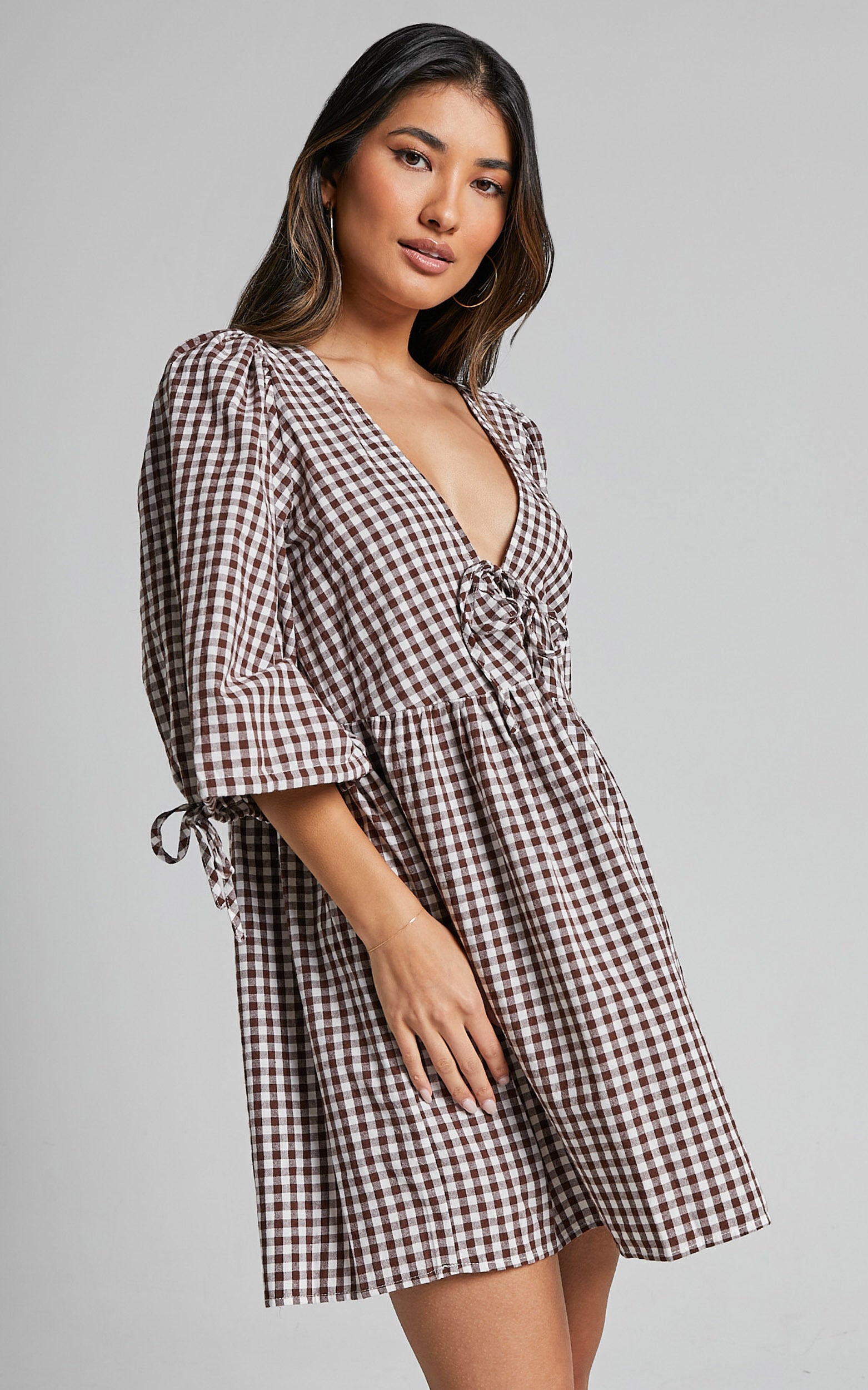 Rosita Mini Dress - Tie Front Puff Sleeve Dress in Brown and White Check