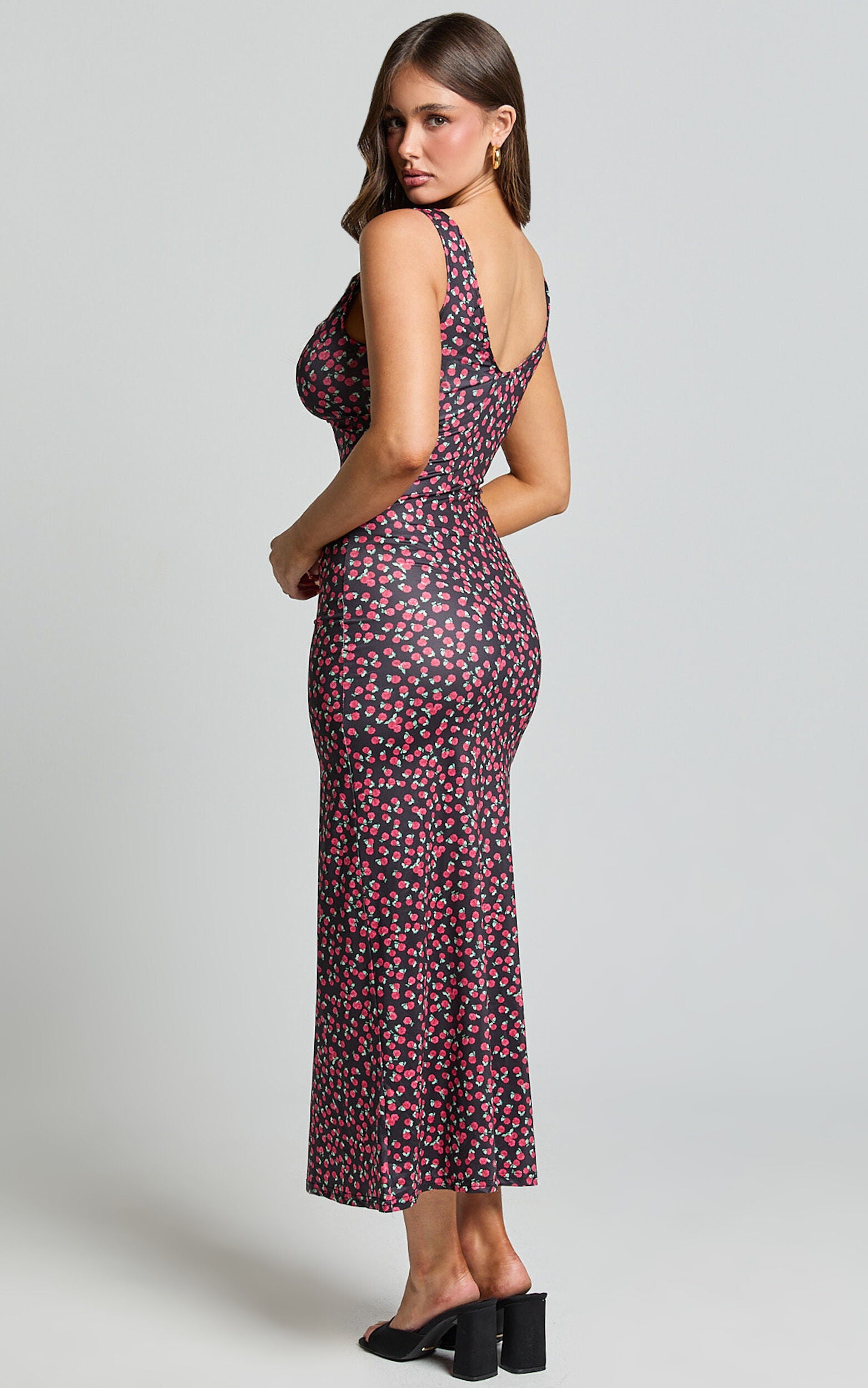 Sheila Midi Dress - Wide Strap V Neck Sleeveless Slip Dress in Rose Print