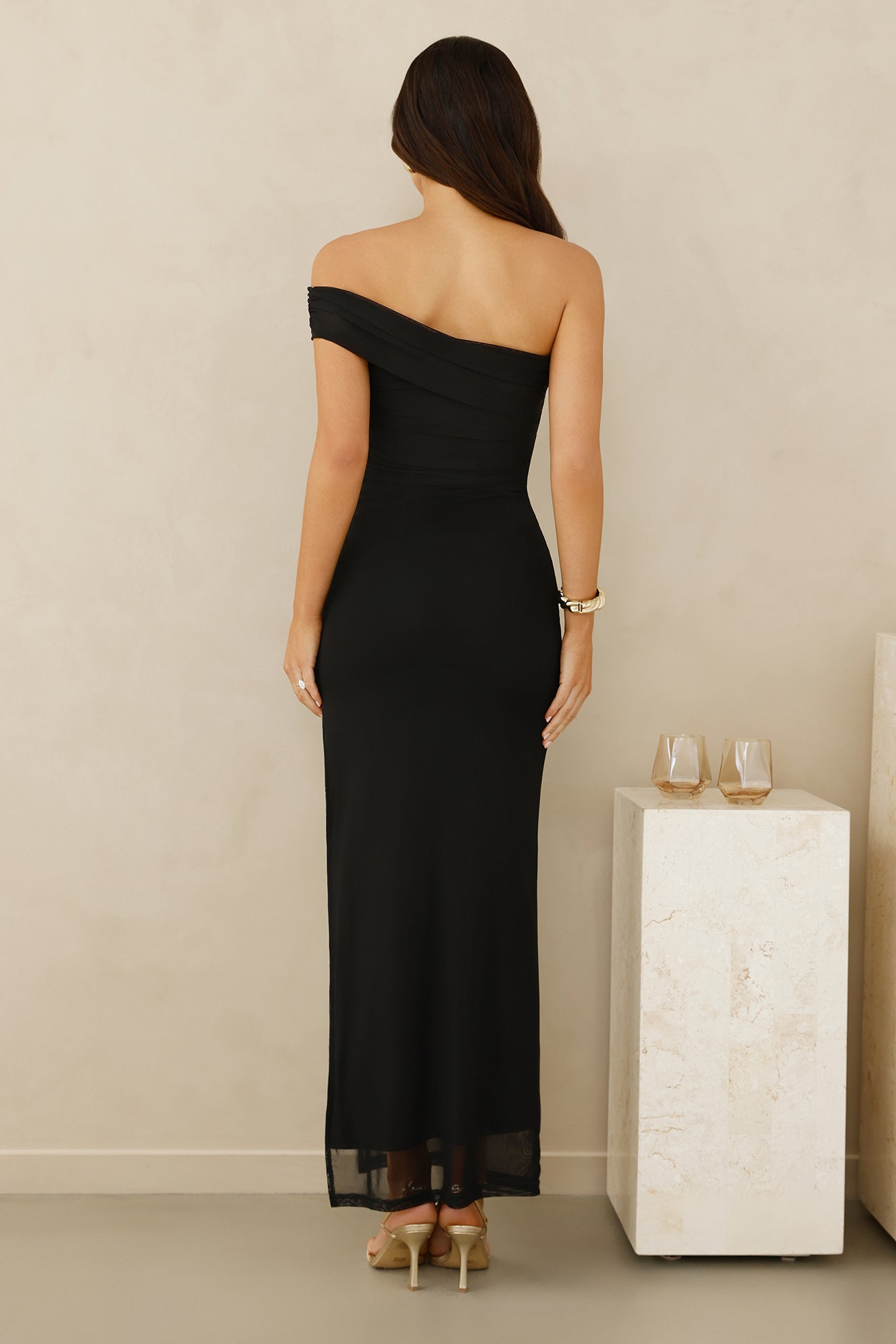 Berry Fresh Mesh One Shoulder Maxi Dress Black