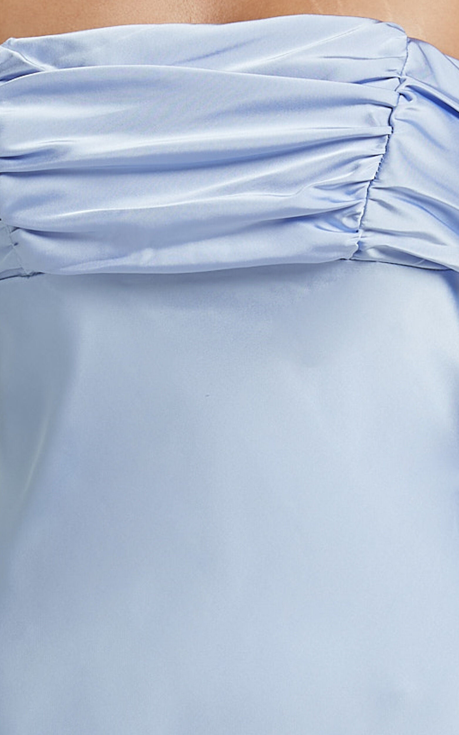 Margot Midi Dress - Gathered Bust Detail Strapless Satin Bias Cut Dress in Light Blue