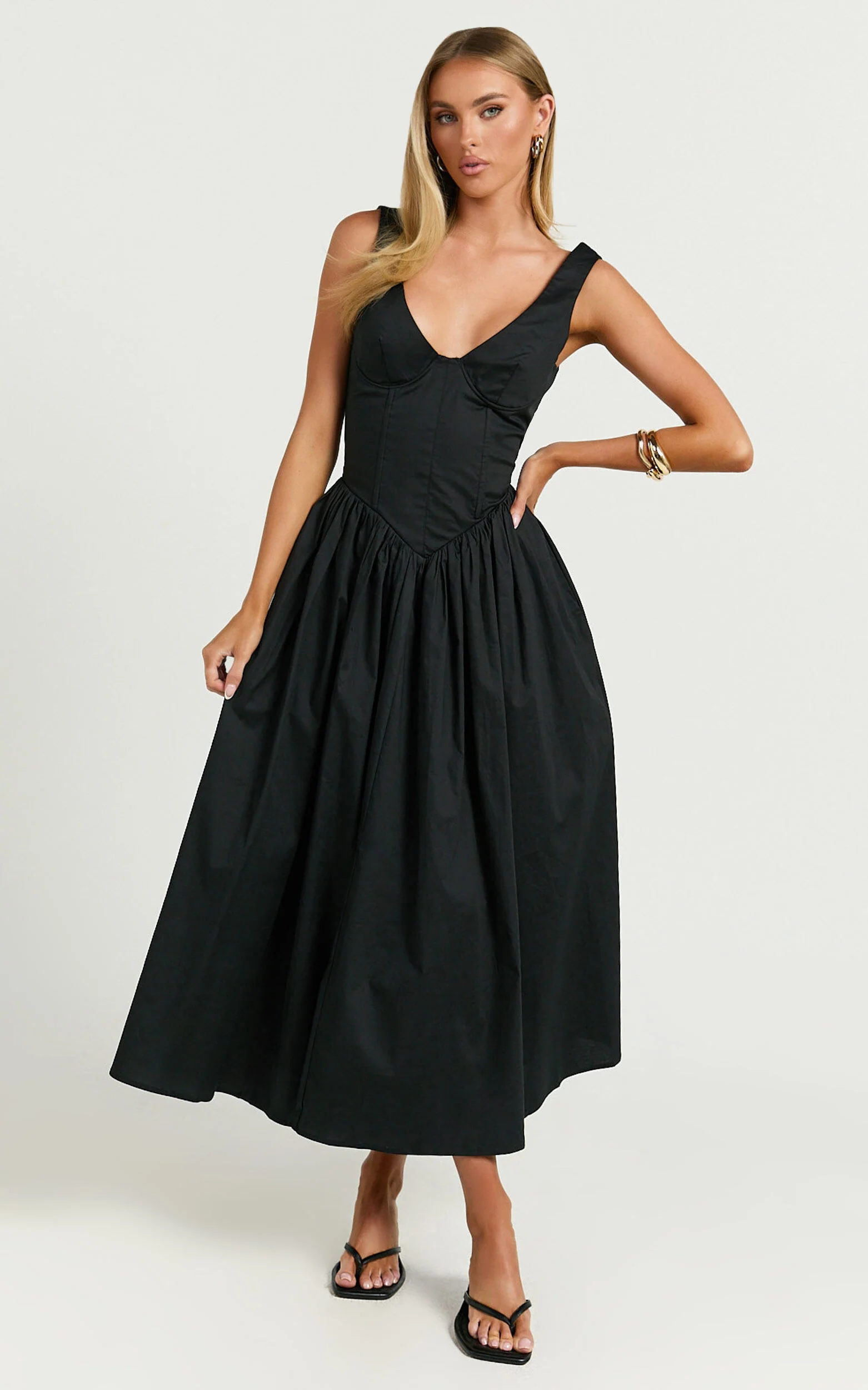 Beckett Midi Dress - Scoop Neck Drop V Waist Gathered Skirt Dress in Black