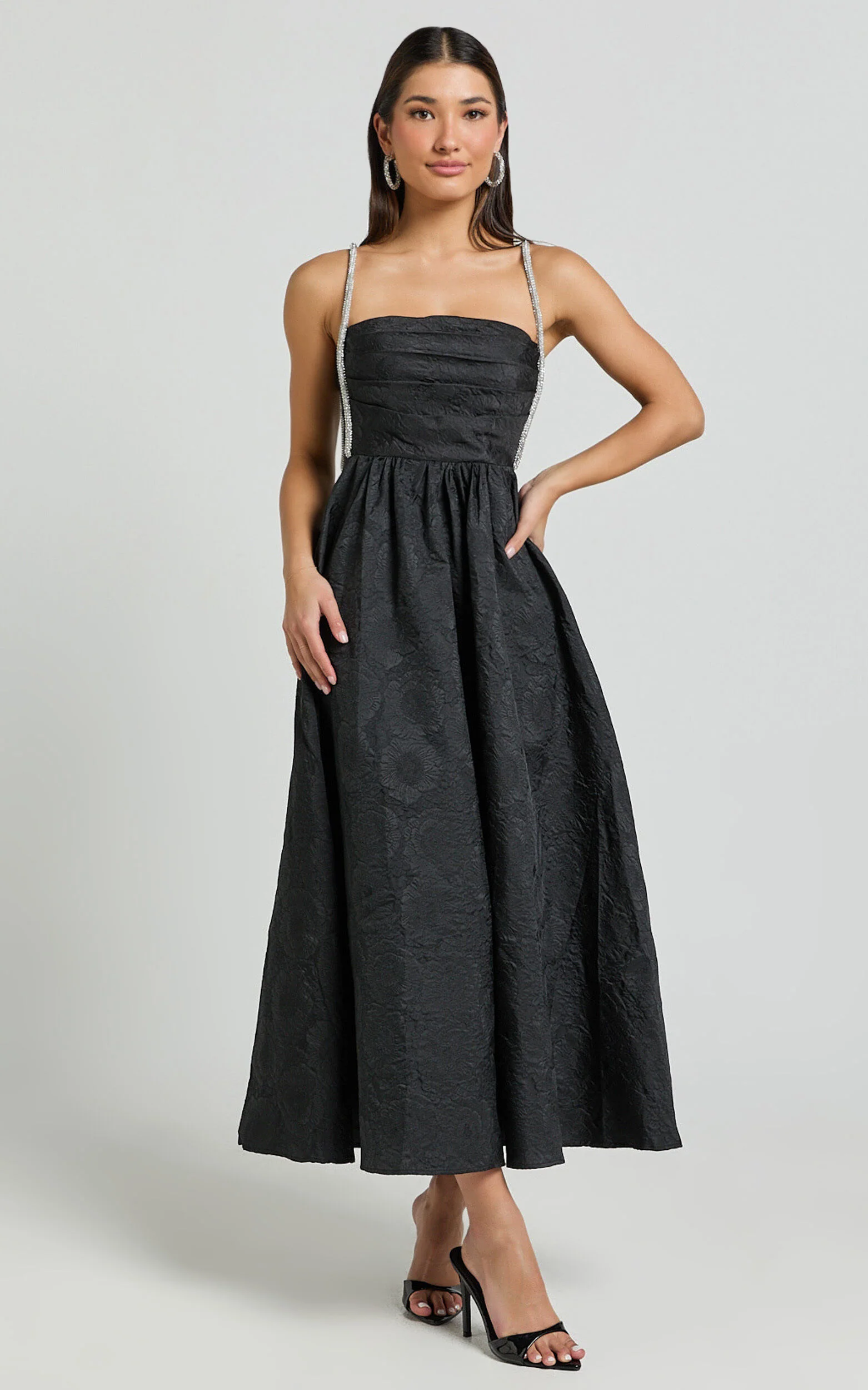 Alvia Midi Dress - Diamante Strap Ruched Straight Neck Dress in Black