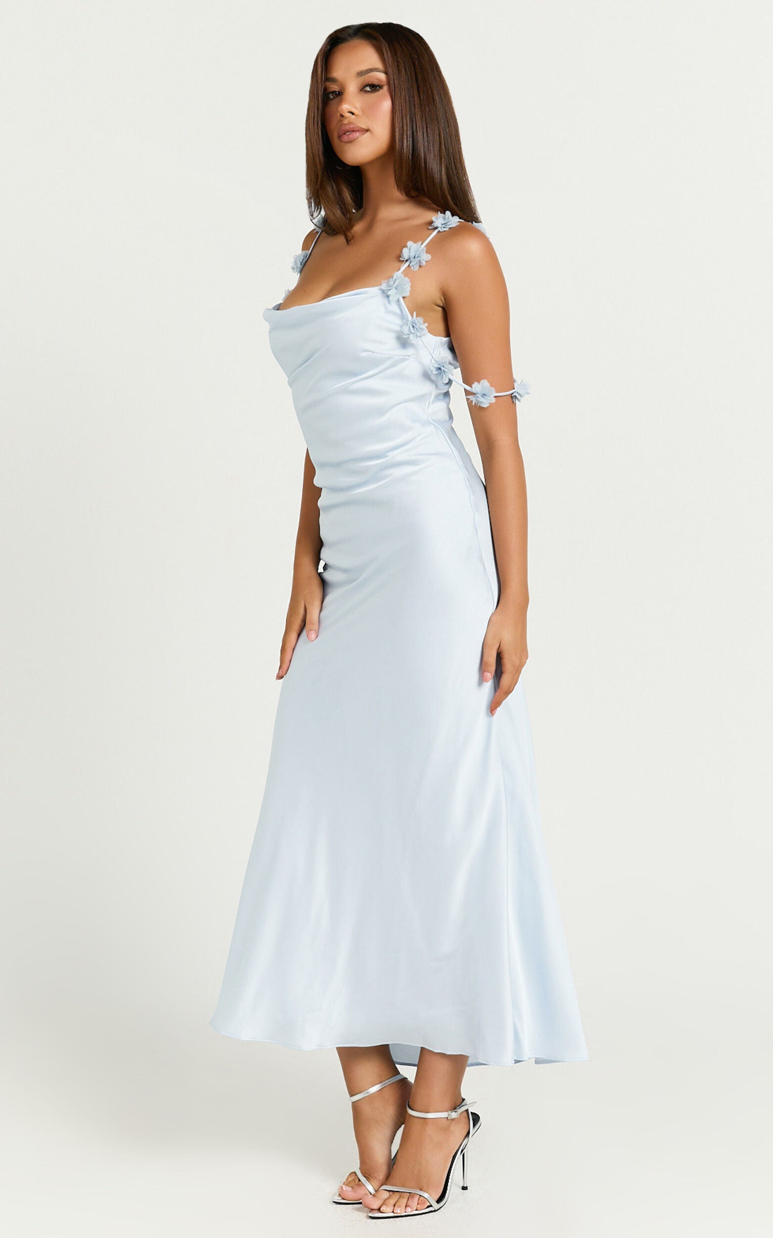 Lyka Midi Dress - Floral Straps Satin Dress in Light Blue