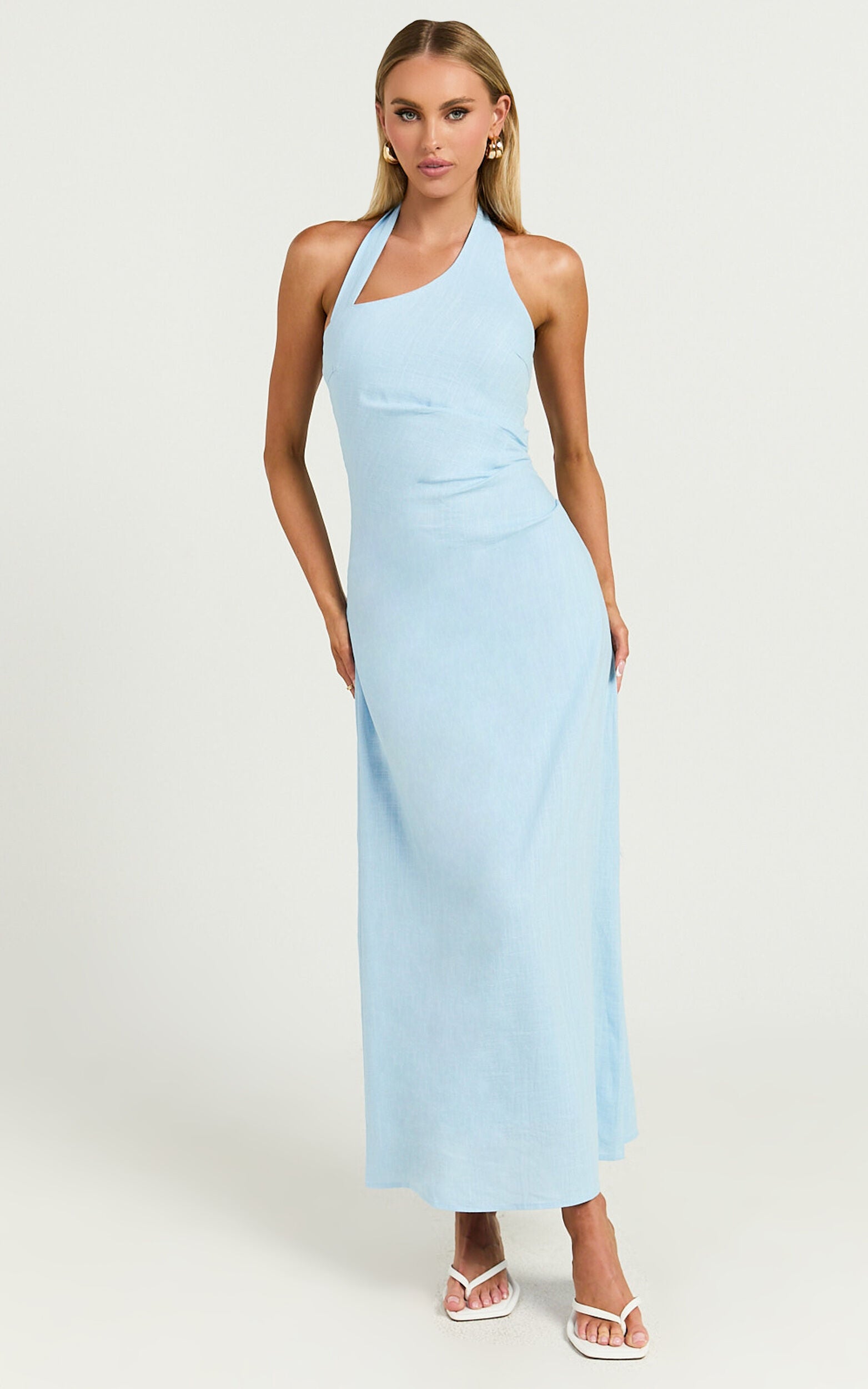 Lindley Midi Dress - Halter Neck Linen Look Dress in Soft Blue