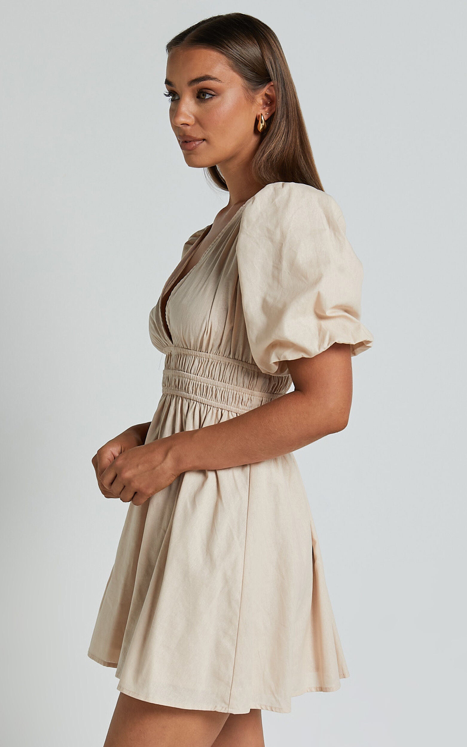 Francesca V Neck Puff Sleeves Mini Dress in Natural