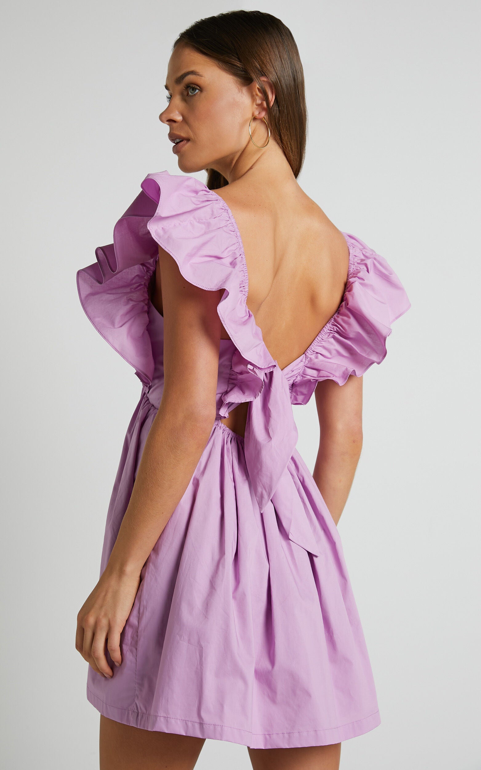 Raiza Mini Dress - Ruffle Sleeve Tie Back Plunge Dress in Lilac