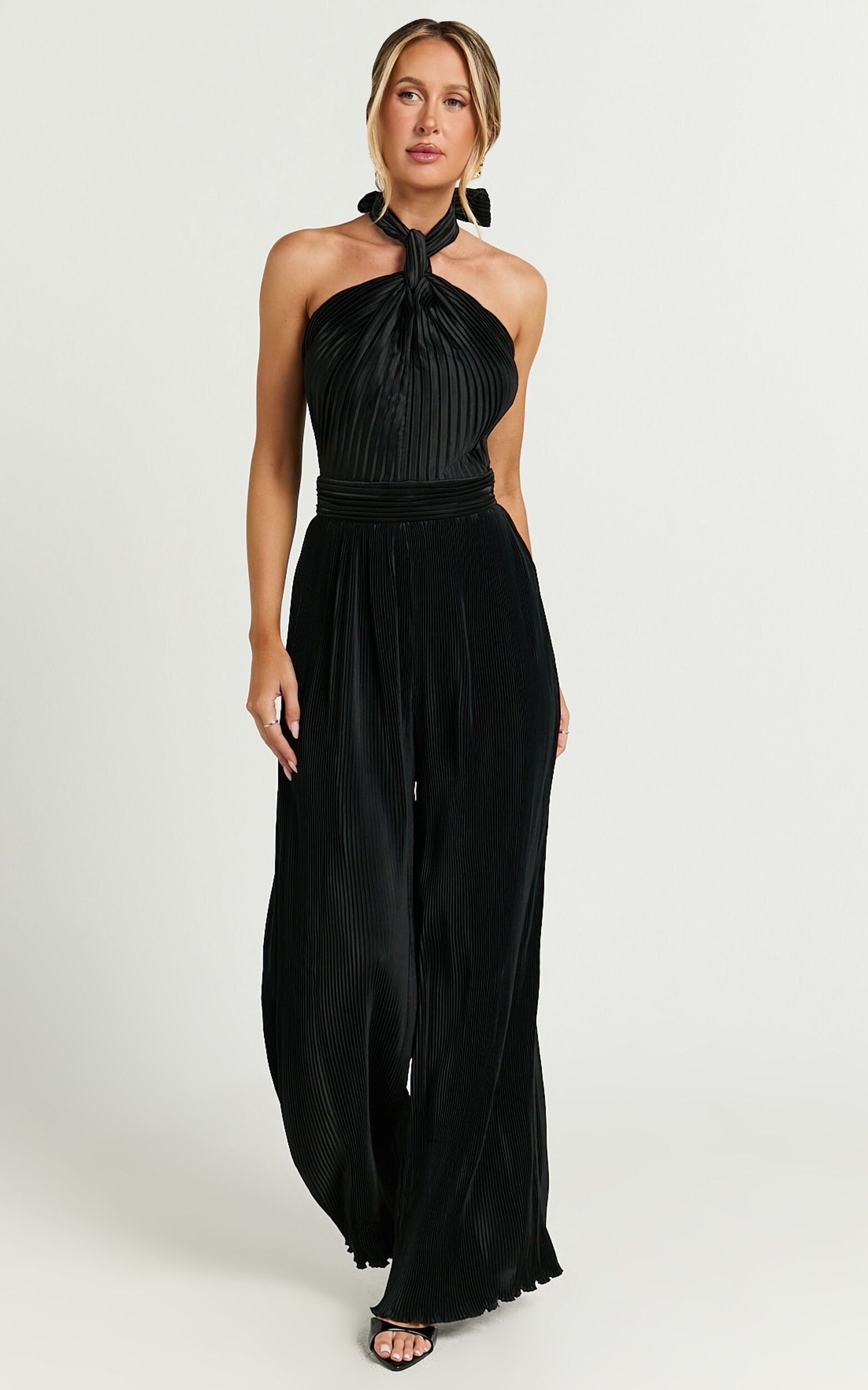 Paris Jumpsuit - Plisse Halter Neck Wide Leg Jumpsuit in Black