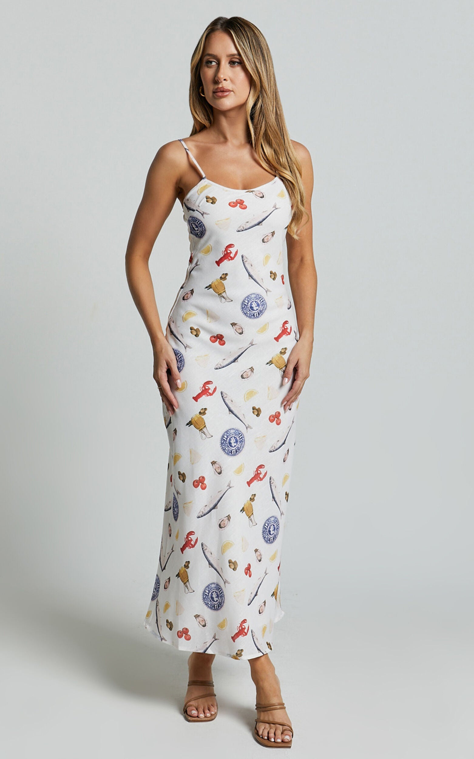 Jamilla Midi Dress - Bias Cut Linen Midi Slip Dress in Seaside Print