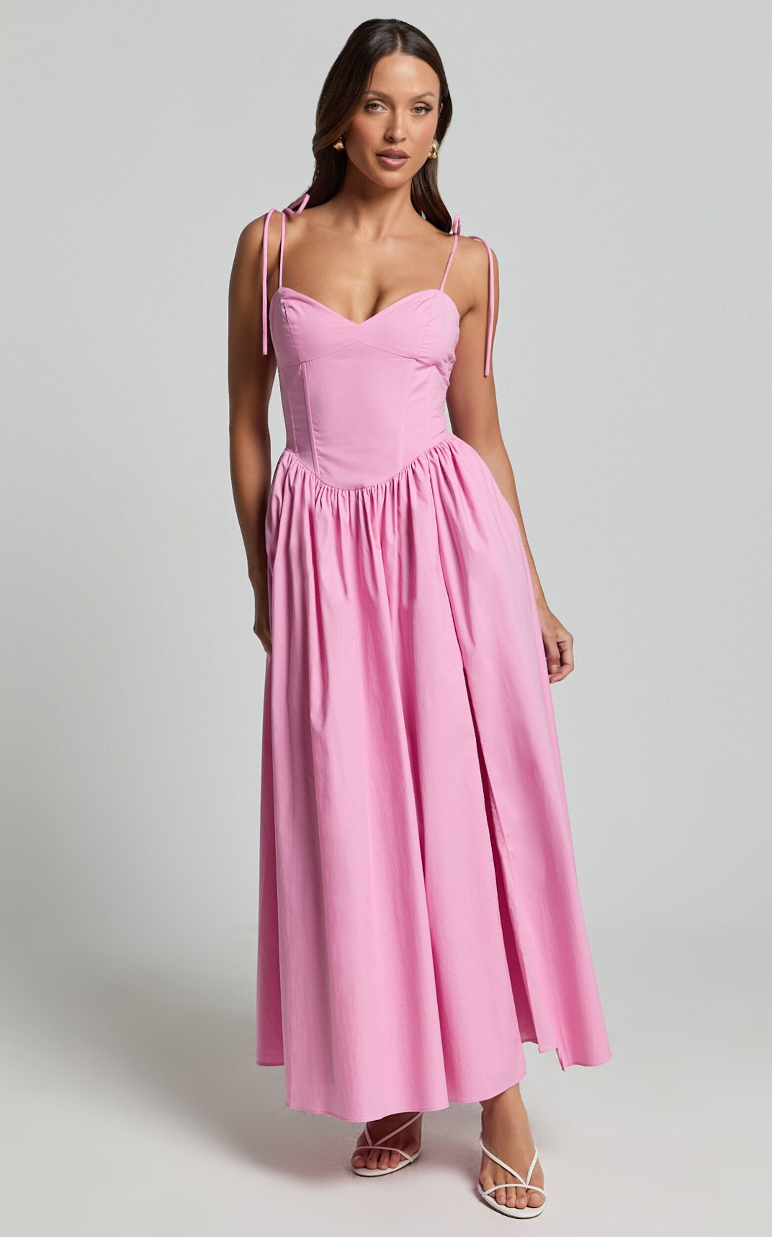 Holly Midi Dress - Corset Lace Up Dress with Split in Musk Pink