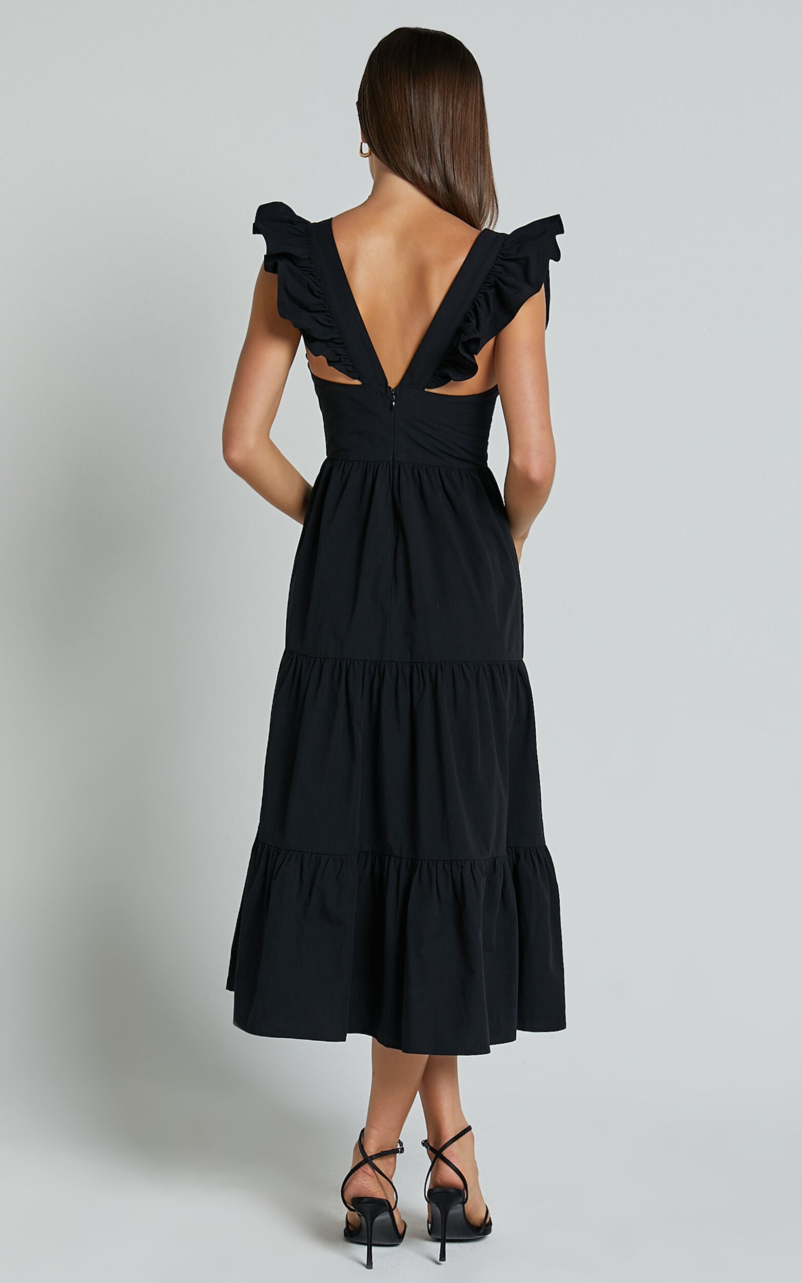 Levona Midi Dress - Ruffle Shoulder Tiered Dress in Black