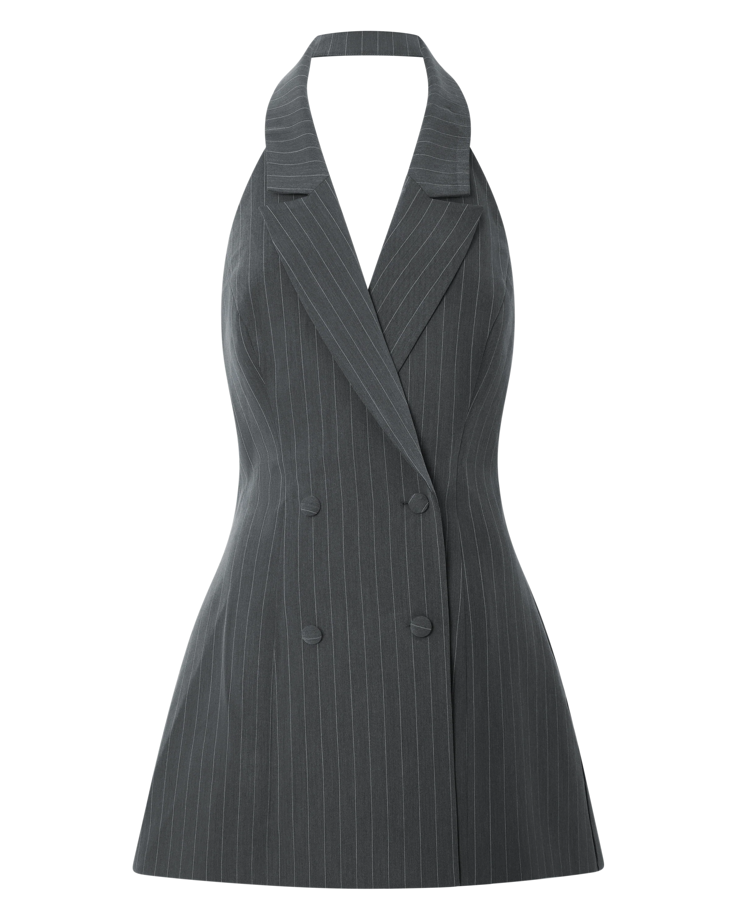 Emily Mini Dress - Pinstripe Collared Halter Double Breasted Workwear Dress in Dark Grey