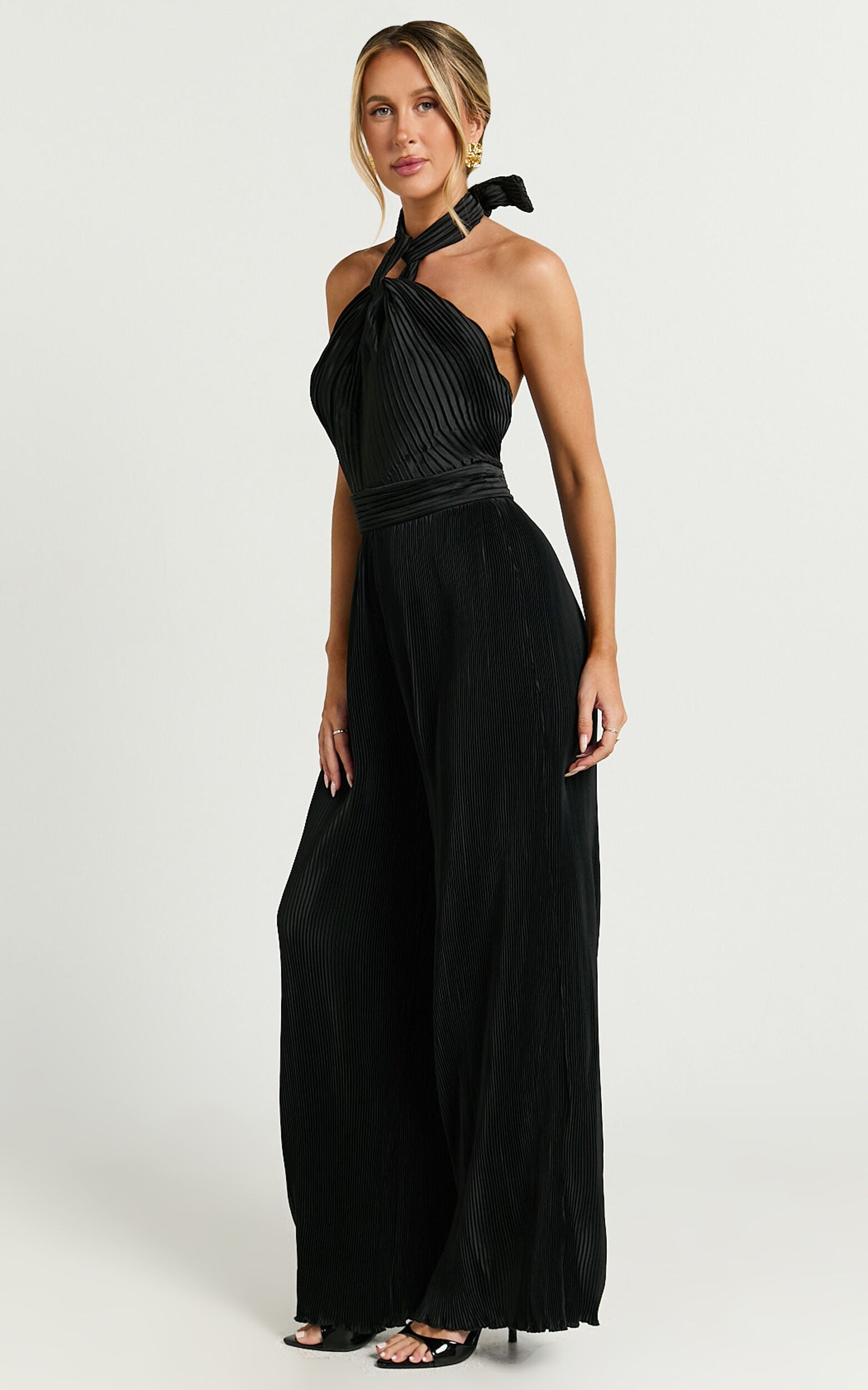 Paris Jumpsuit - Plisse Halter Neck Wide Leg Jumpsuit in Black