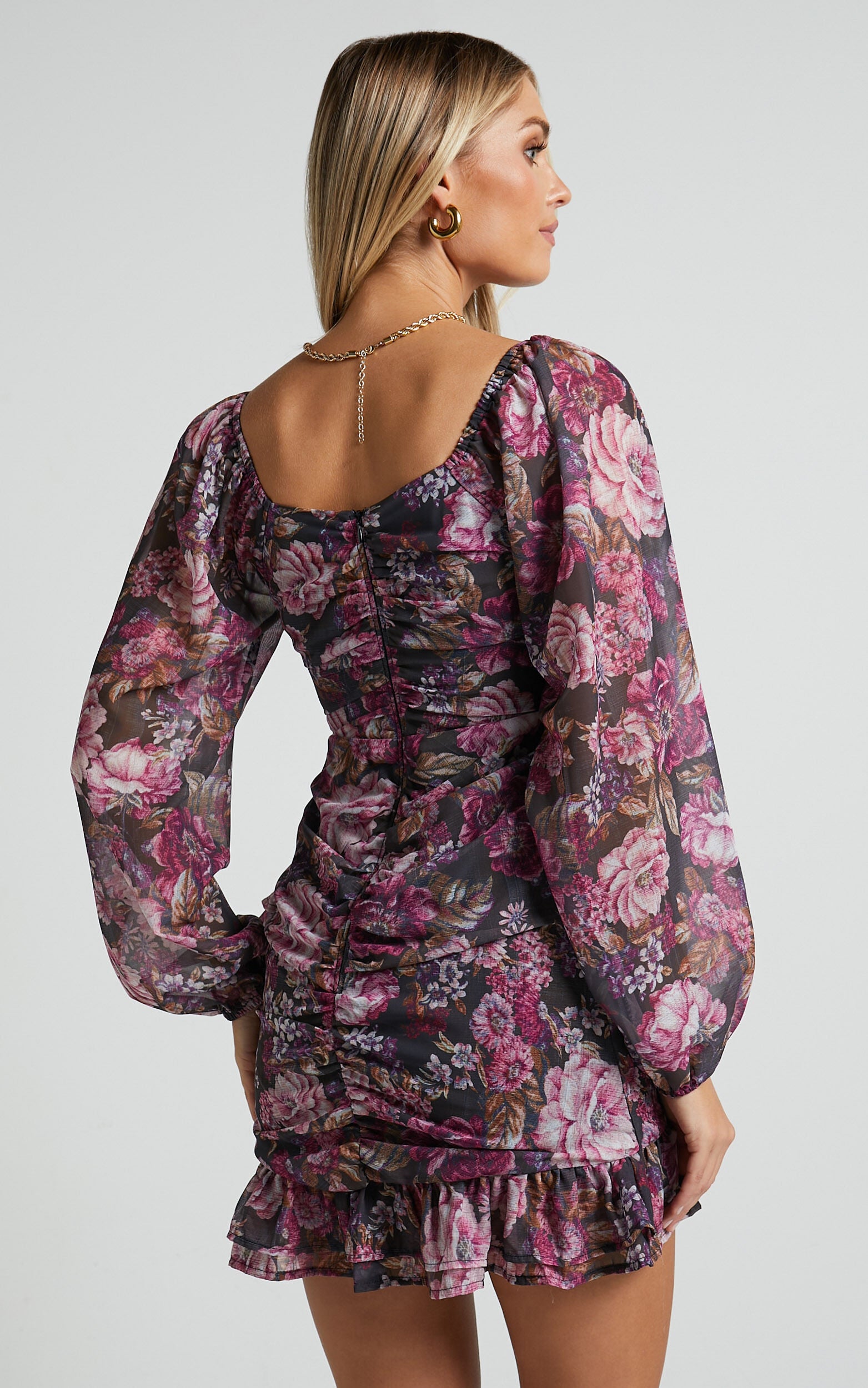 Grizela Mini Dress - Gathered Bust Long Sleeve Dress in Harvest Floral
