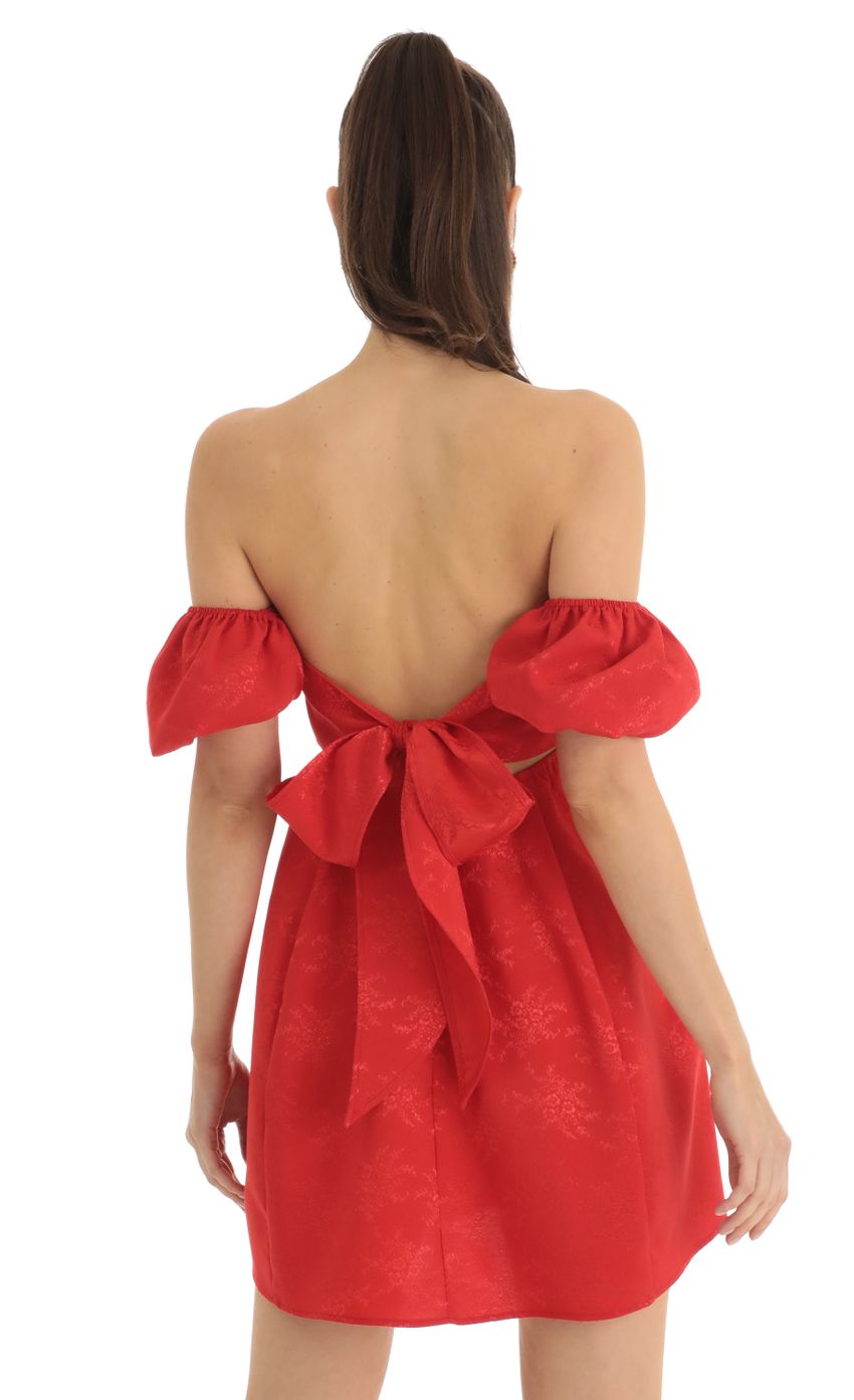 Jacquard Puff Sleeve Baby Doll Dress in Red